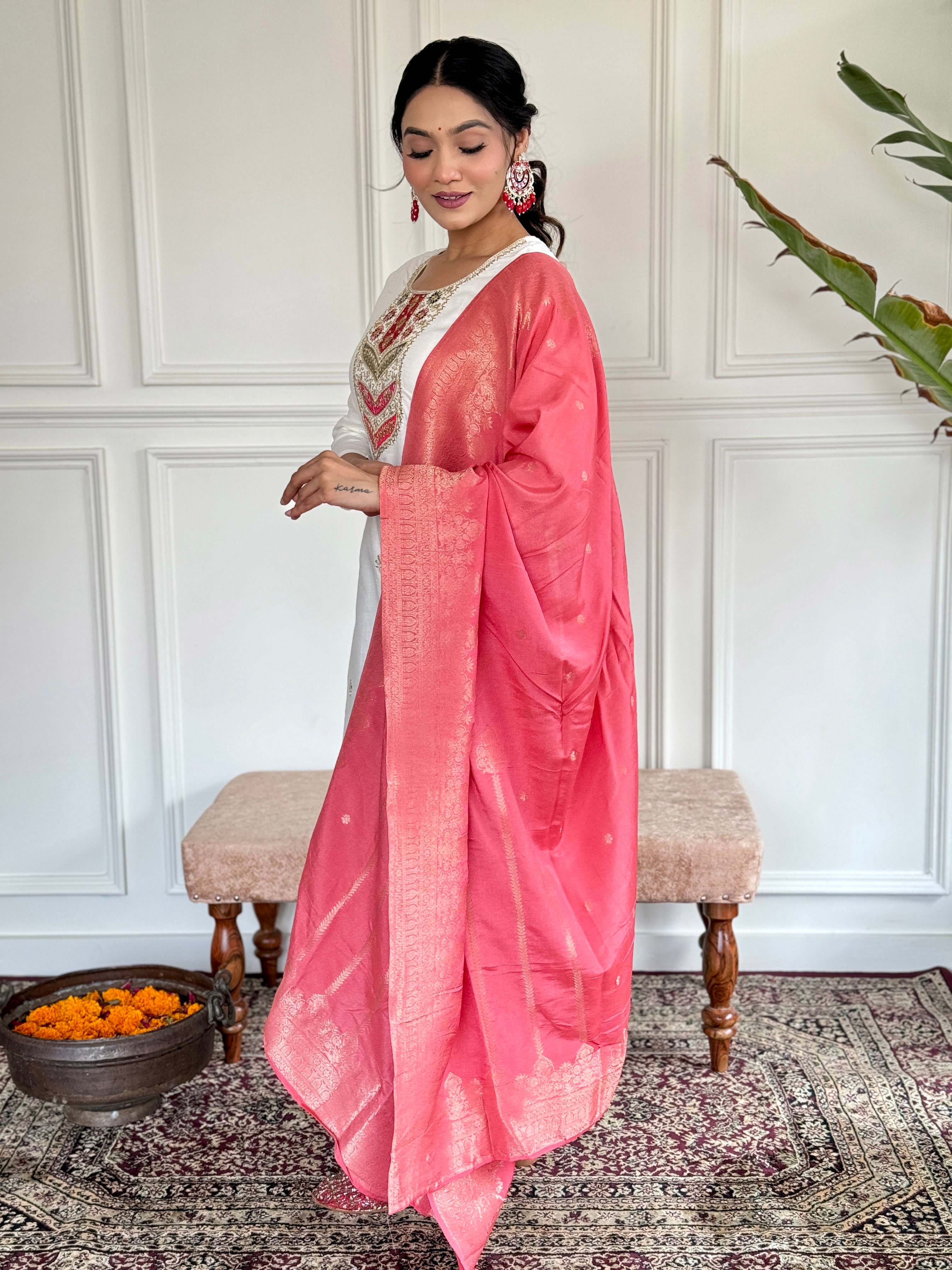 Peach Viscose Blend Elegant Kurta Pant Set With Embroidery Work