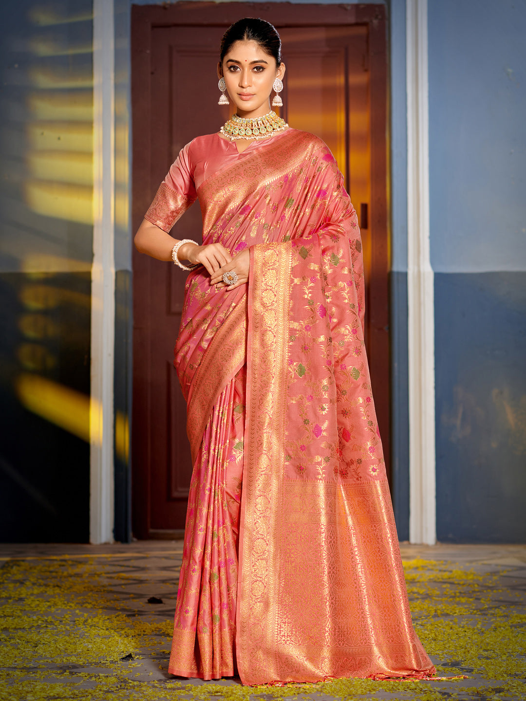Peach Woven Jacquard Designer Banarasi Silk Saree For Ethnic Indian Looks