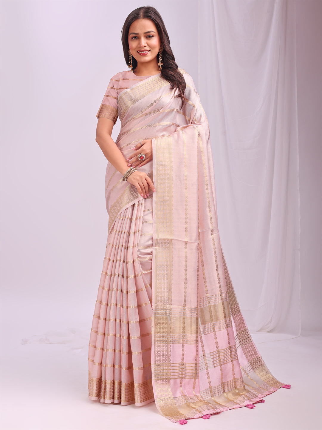 Peach Woven Zari Designer Ethnic Organza Saree