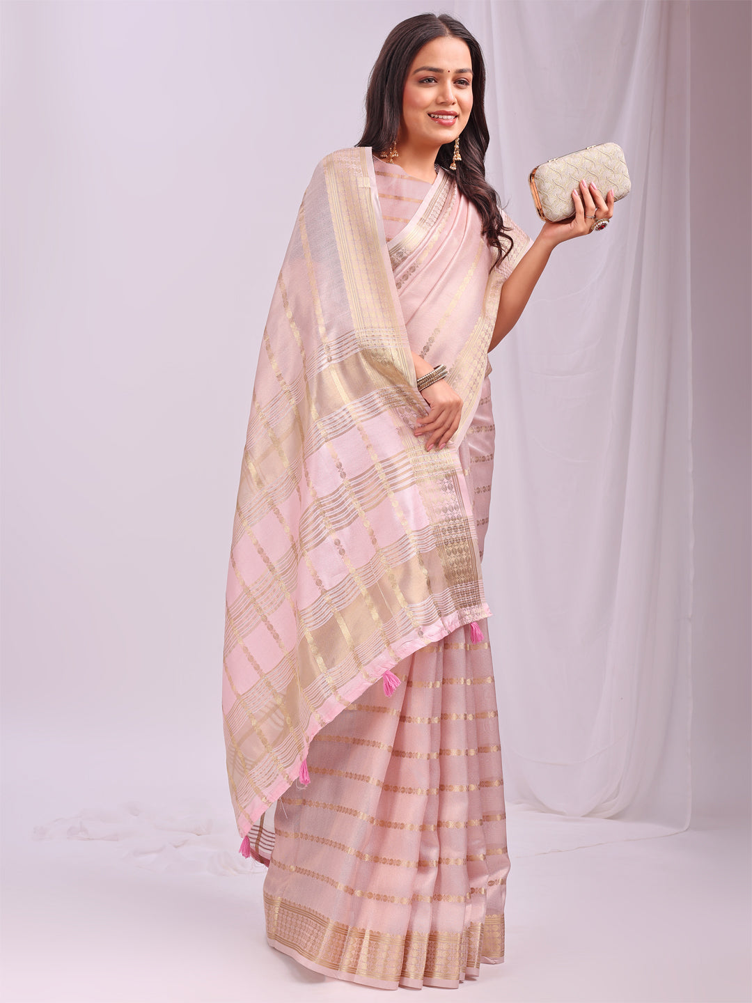 Peach Woven Zari Designer Ethnic Organza Saree