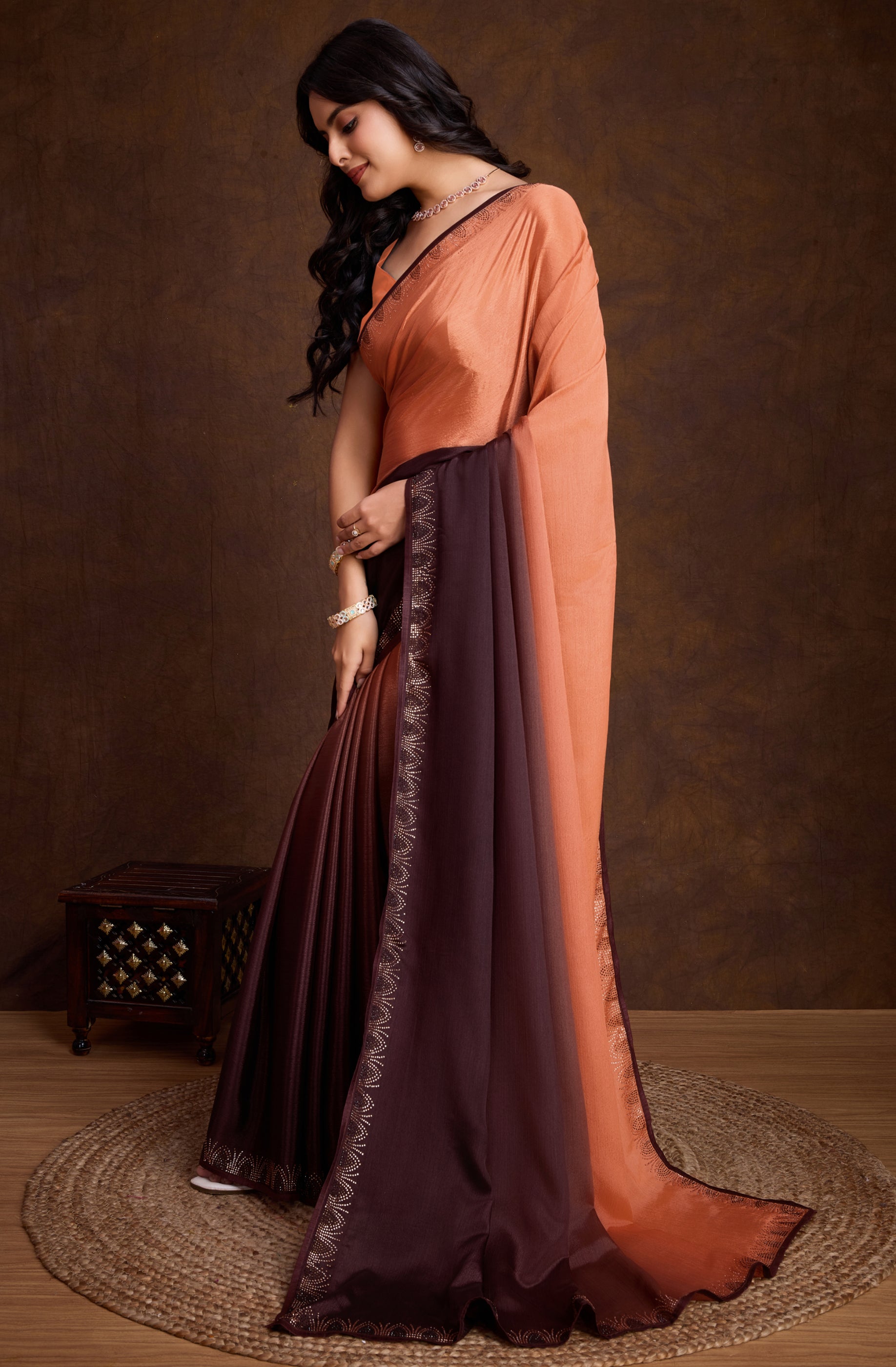Peach & Brown Shaded Chinon Saree with Swarovski Border Design