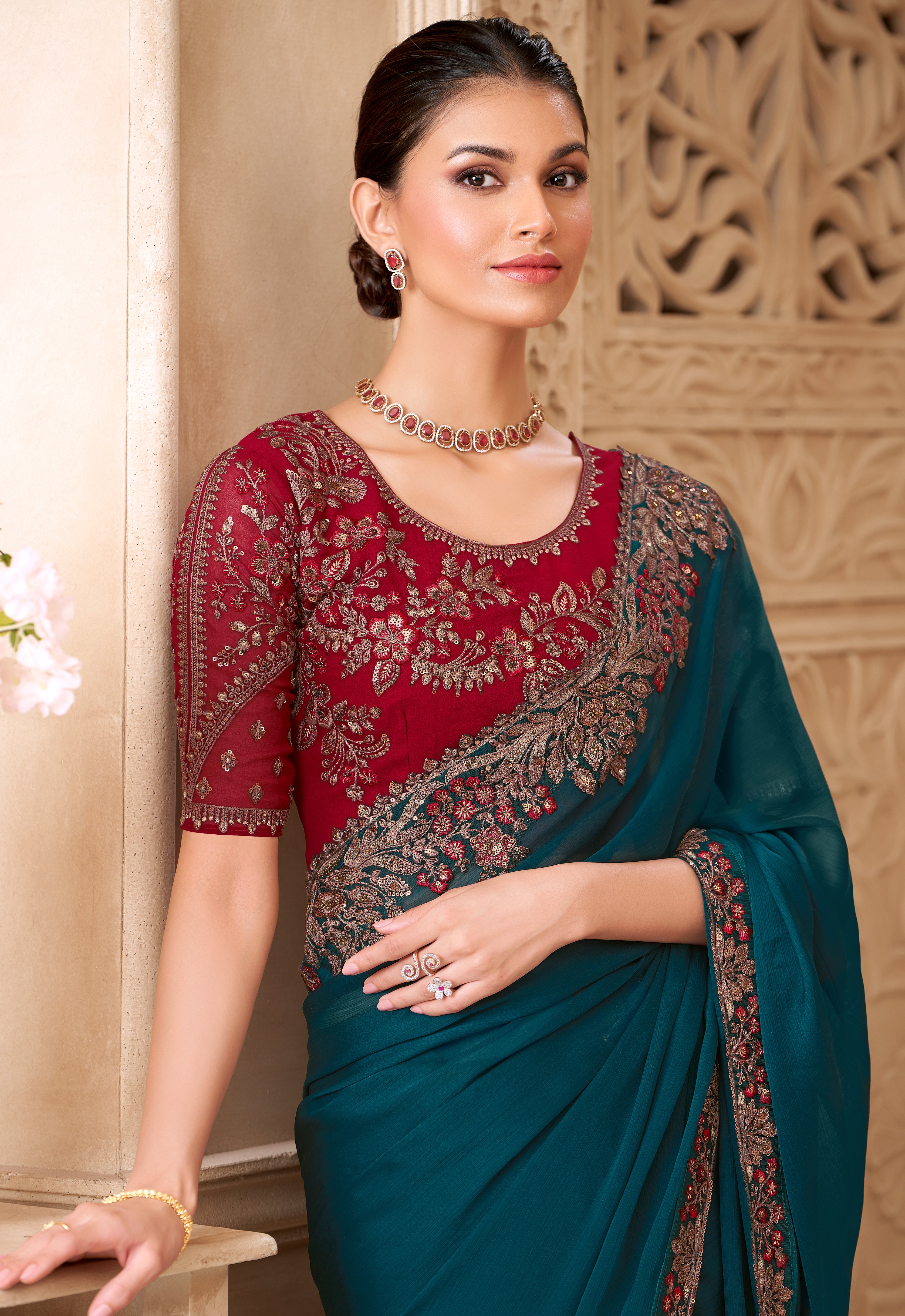 Peacock Blue Saree With Heavy Thread Embroidery Sequins Border Work With Embroidery Blouse