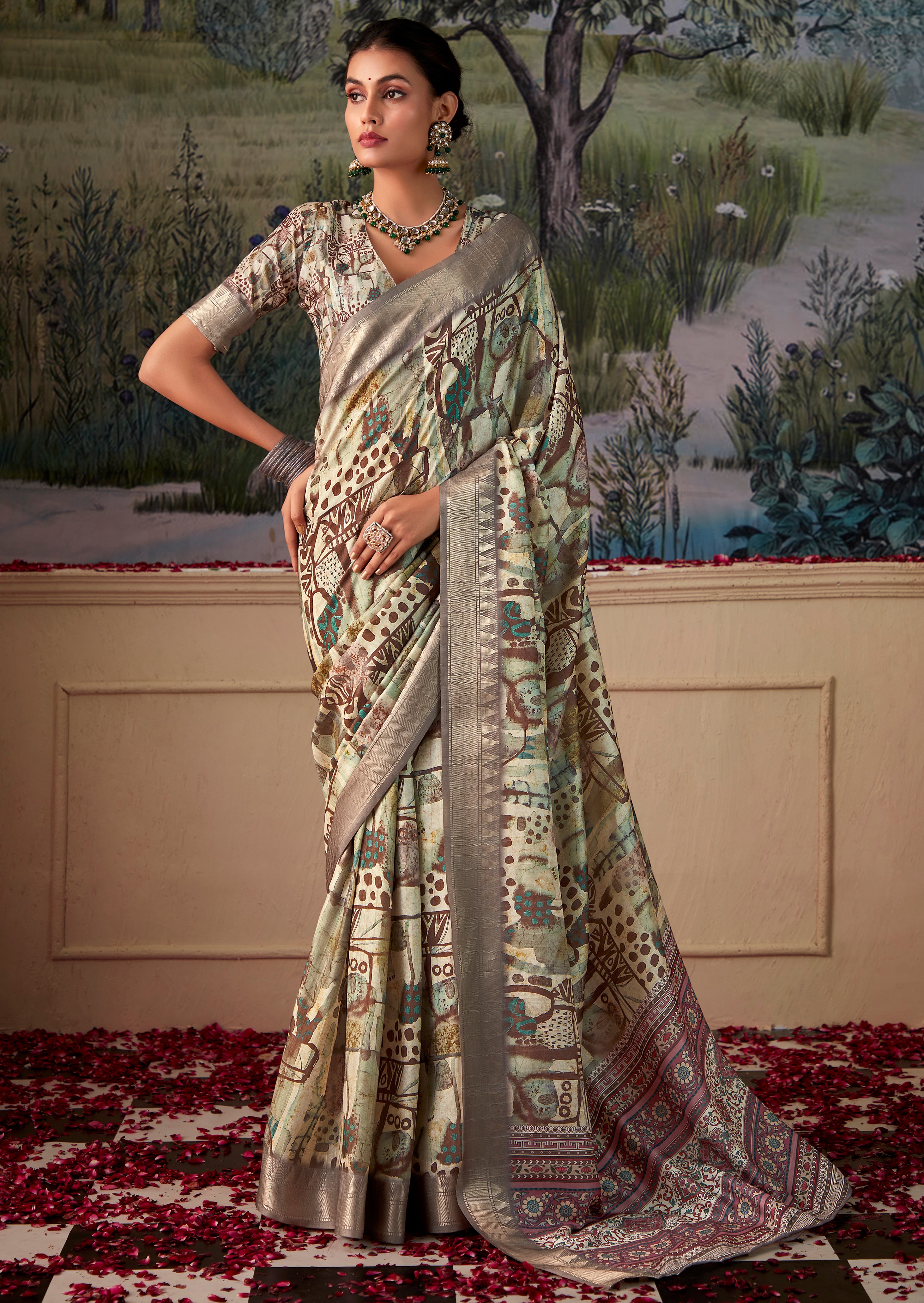Pear Tusser Silk Saree With Jacquard Woven with Digital Print