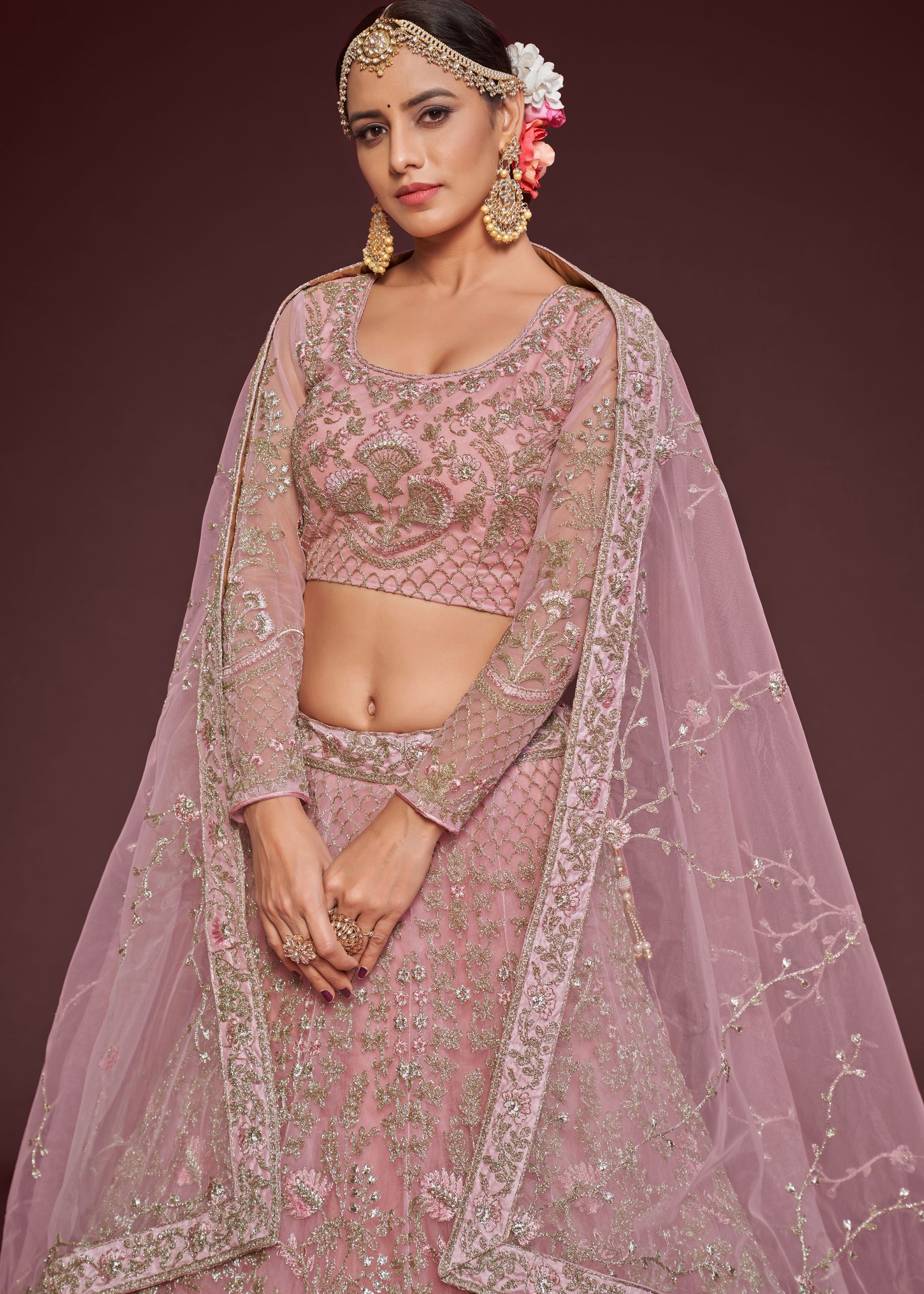 Pearl Pink Lehenga Choli With Thread, Zari, Badla And Glitter Dori Embroidery Work