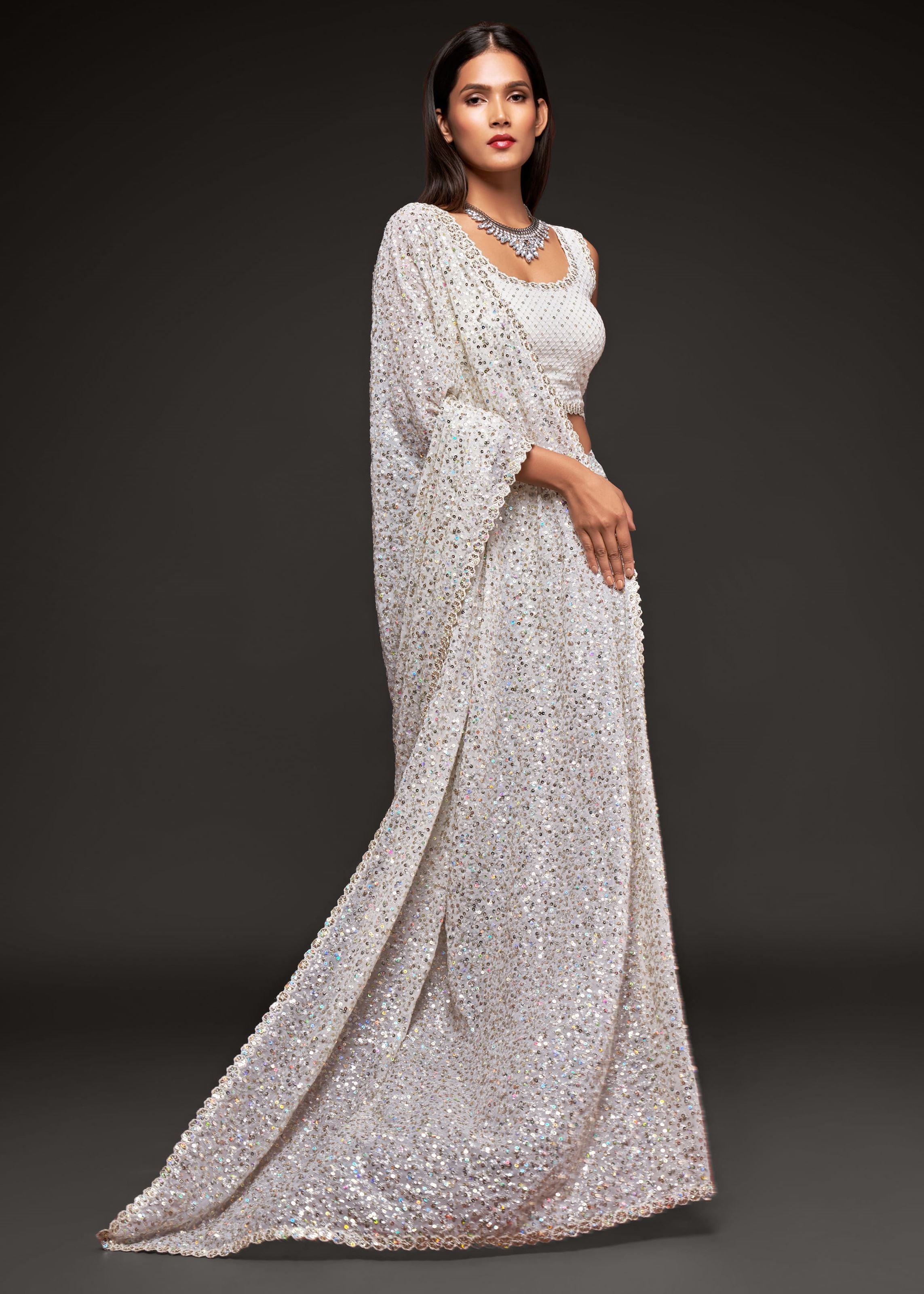 Pearl White Georgette Saree with Thread Embroidery and Sequins Work