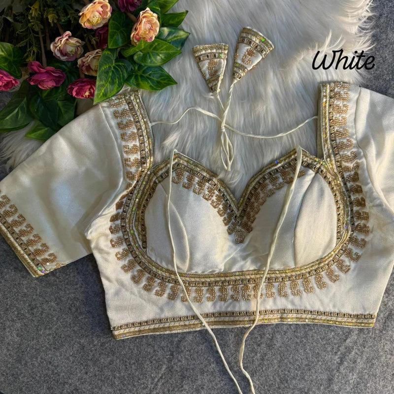 Pearl White Royal Beads Work Bridal Blouse Italian Silk Designer Couture Wear