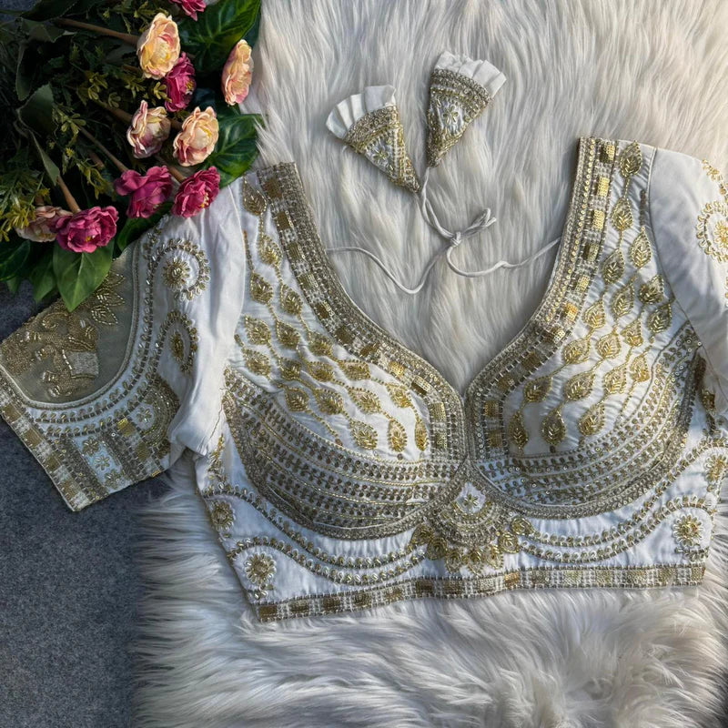 Pearl White Royal Elephant Patch Work Bridal Blouse Roman Silk Heavy Beads & Sequins Designer Wear