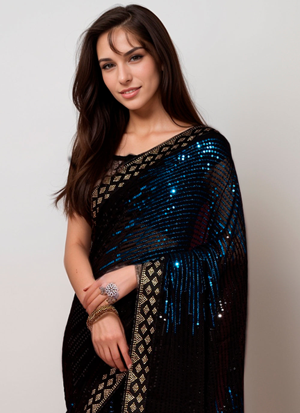Petrol Beautiful Bollywood Style Ceremonial Georgette Saree