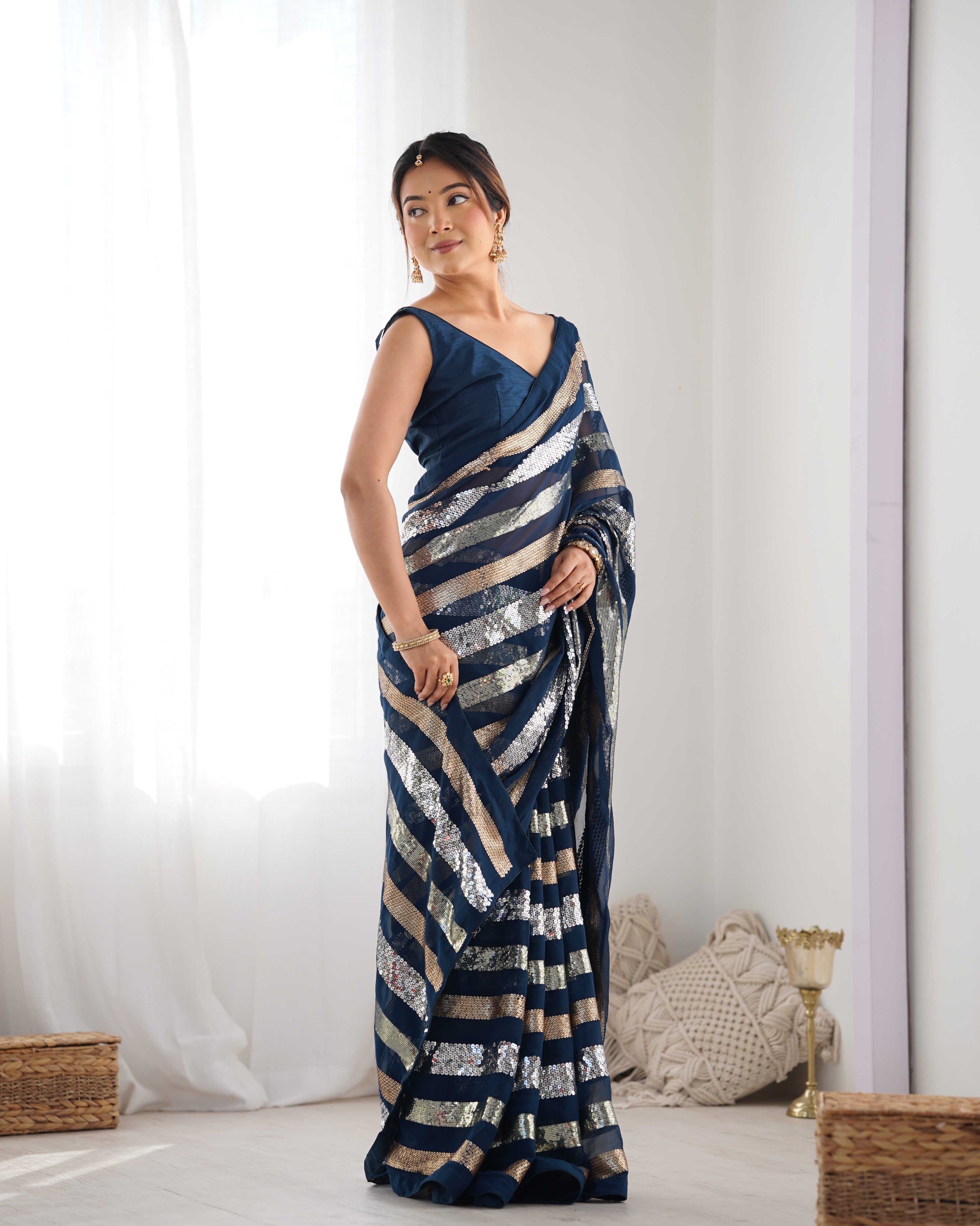Petrol Beautiful Georgette Fabric Sequins Work Ceremonial Saree