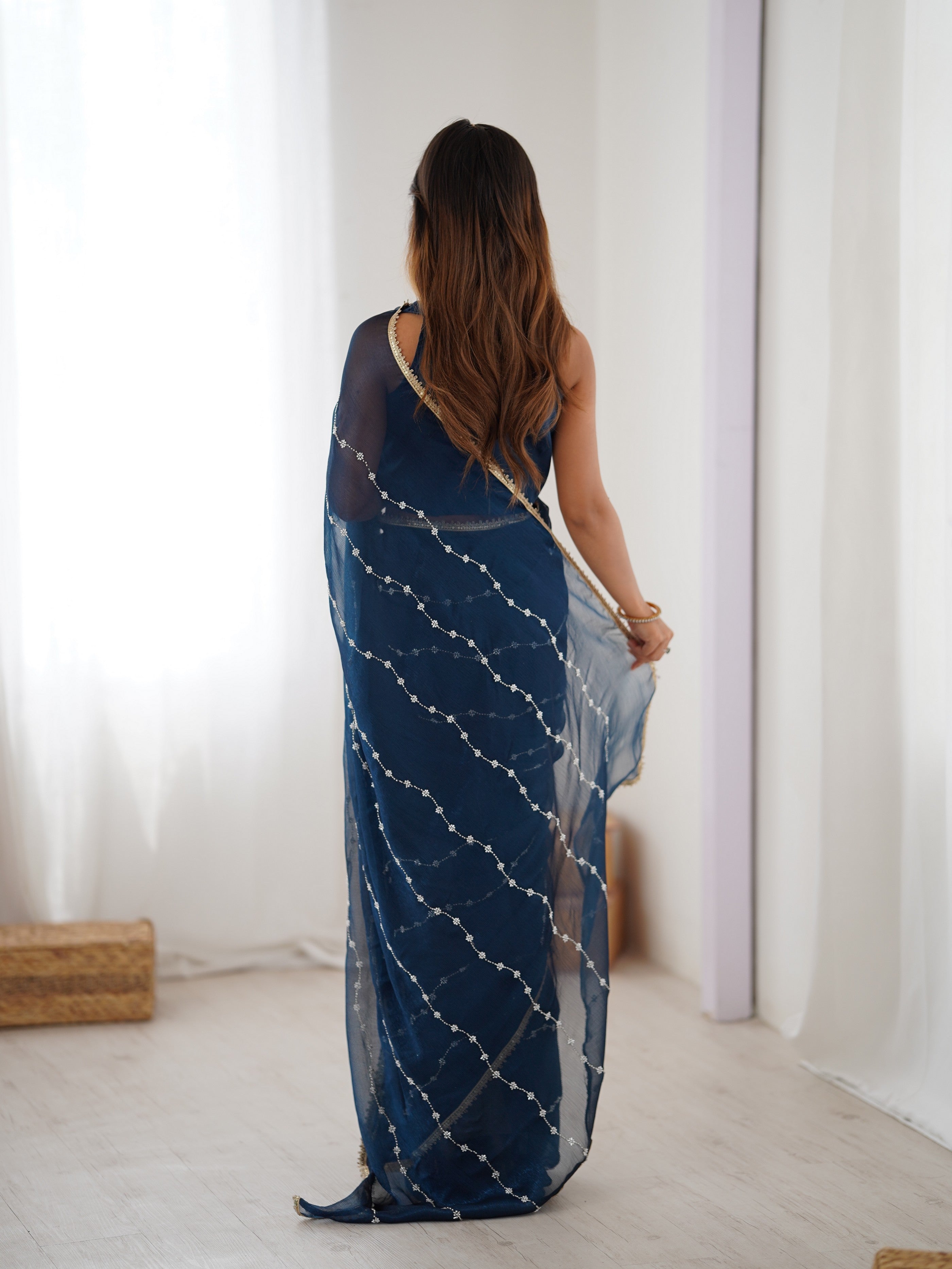 Petrol Designer Beads Work Sitara Chiffon Girlie Ceremonial Saree
