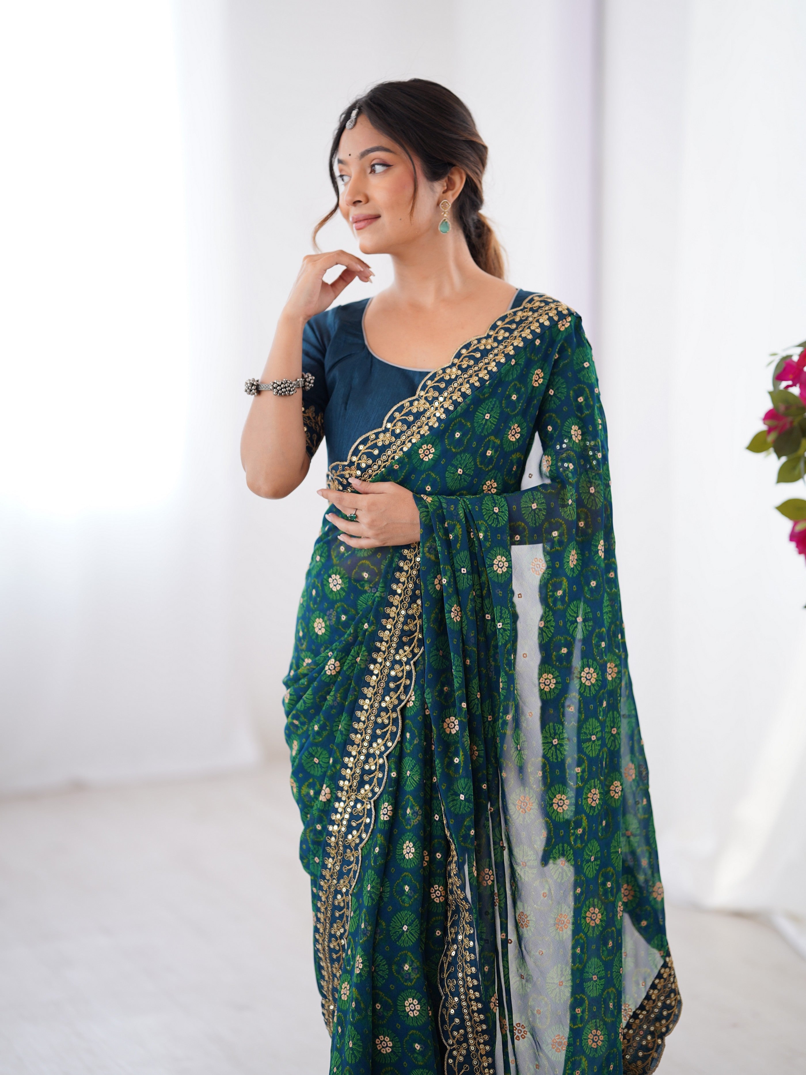 Petrol Designer Printed With Embroidery Lace Work Georgette Festive Saree