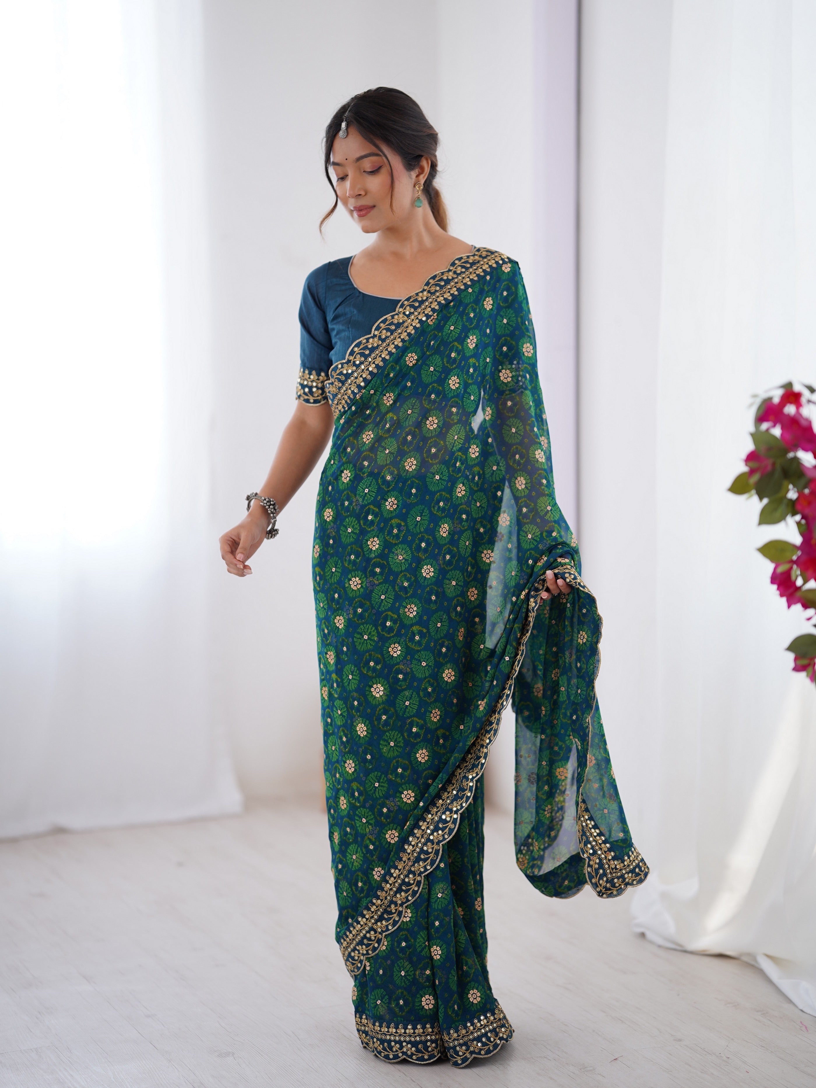 Petrol Designer Printed With Embroidery Lace Work Georgette Festive Saree