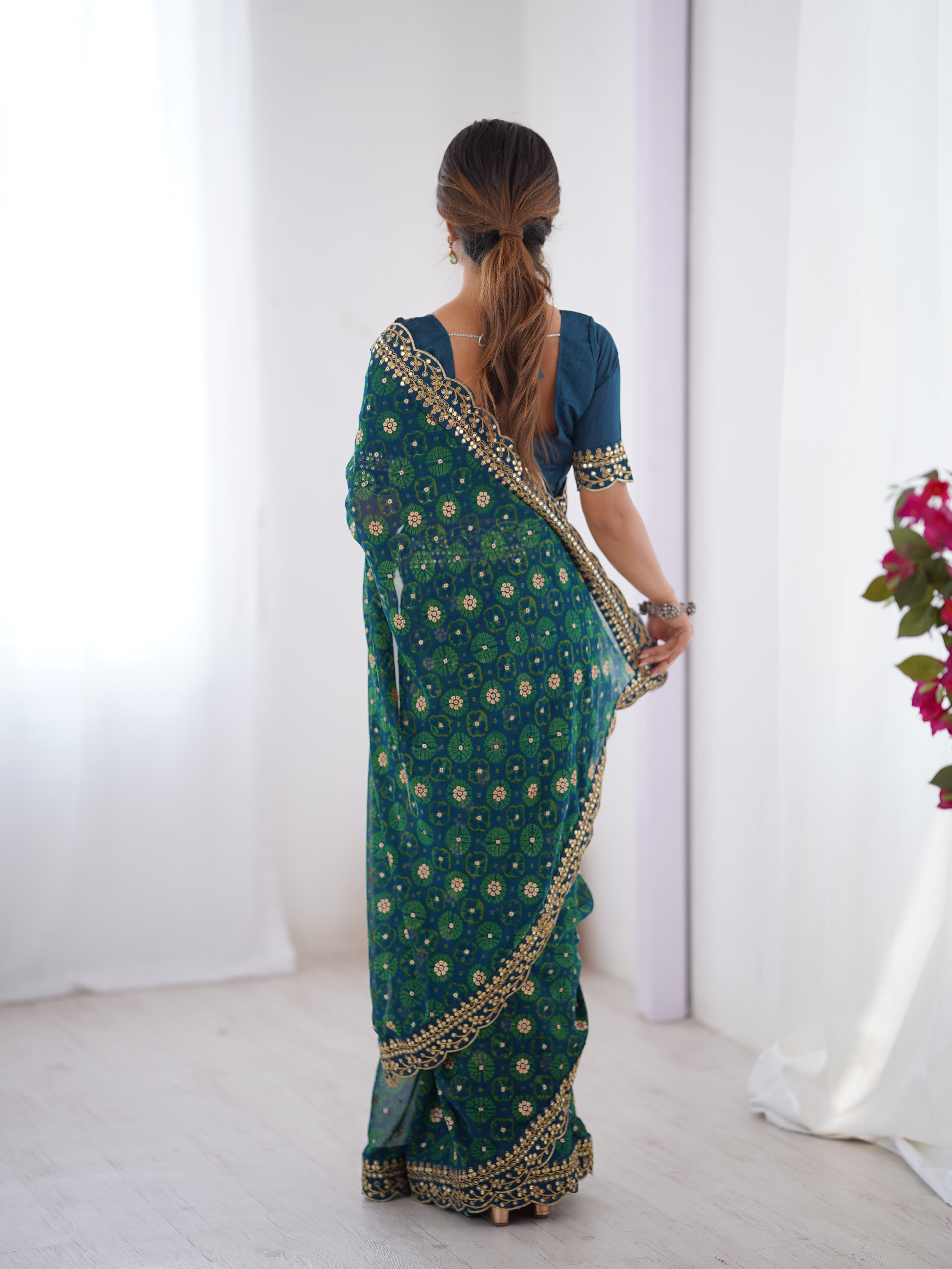 Petrol Designer Printed With Embroidery Lace Work Georgette Festive Saree