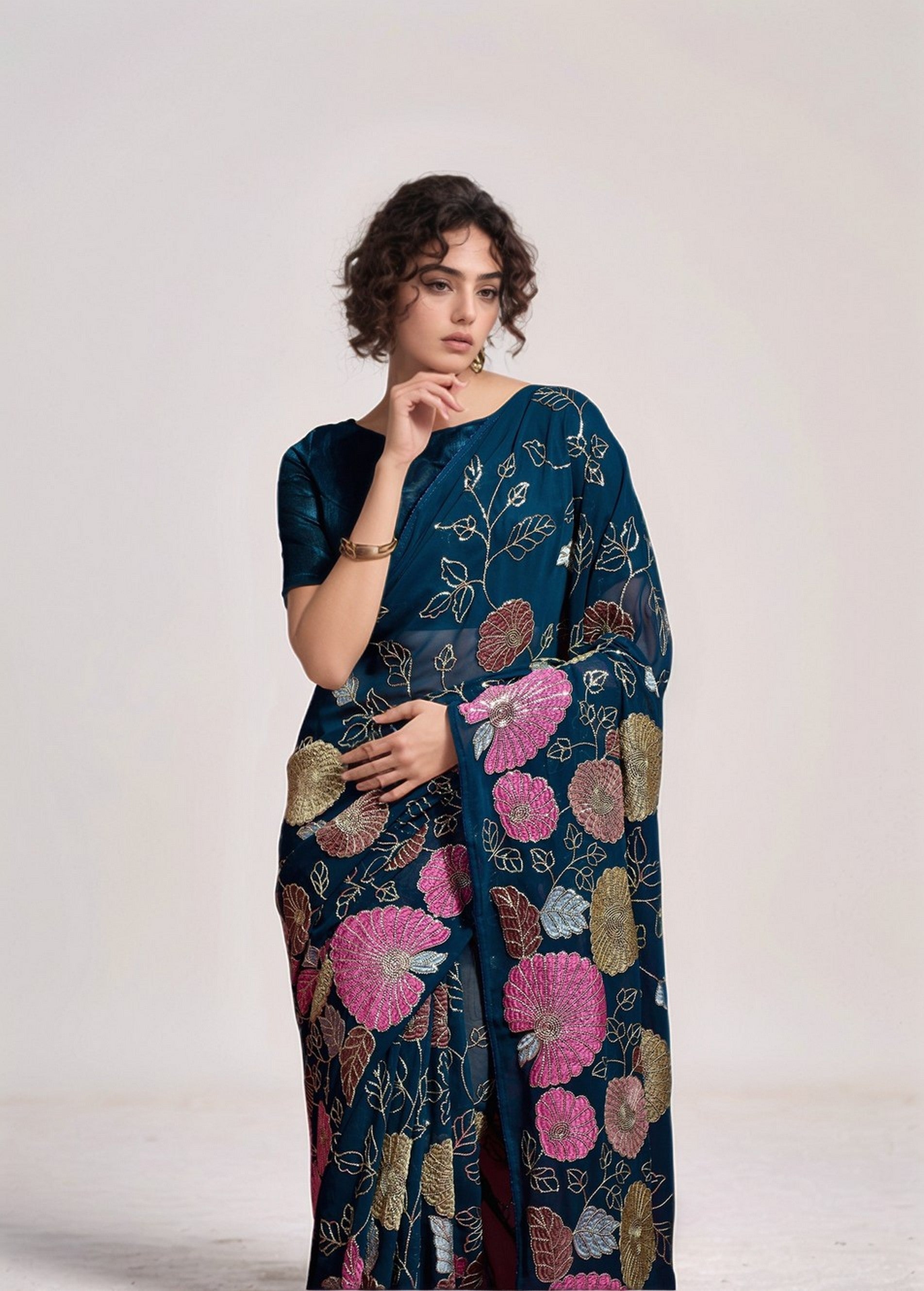 Petrol Georgette Bollywood Style Sequins Embroidery Work Saree