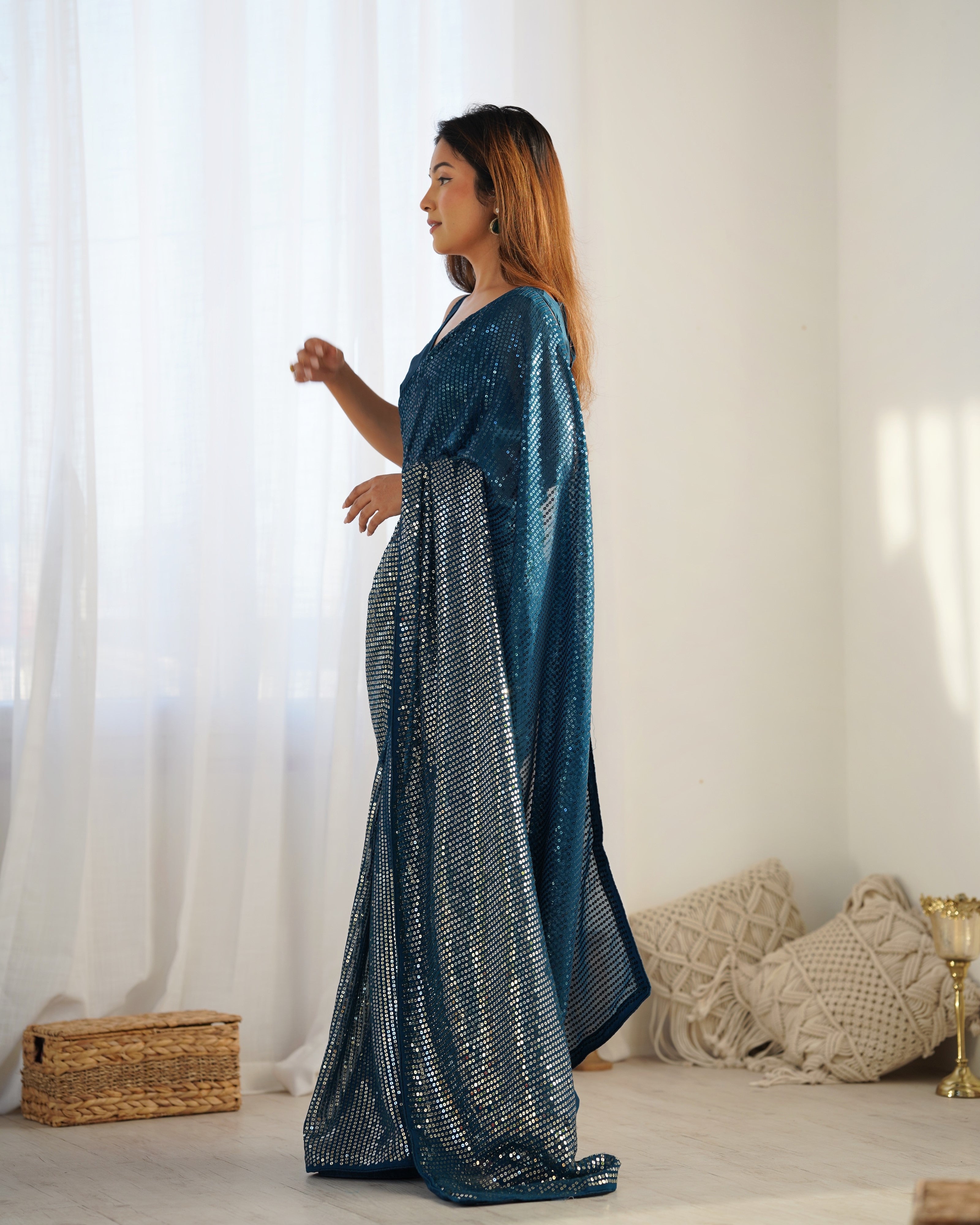 Petrol Georgette Designer Sequance Embroidery Work Bollywood Style Partywear Saree