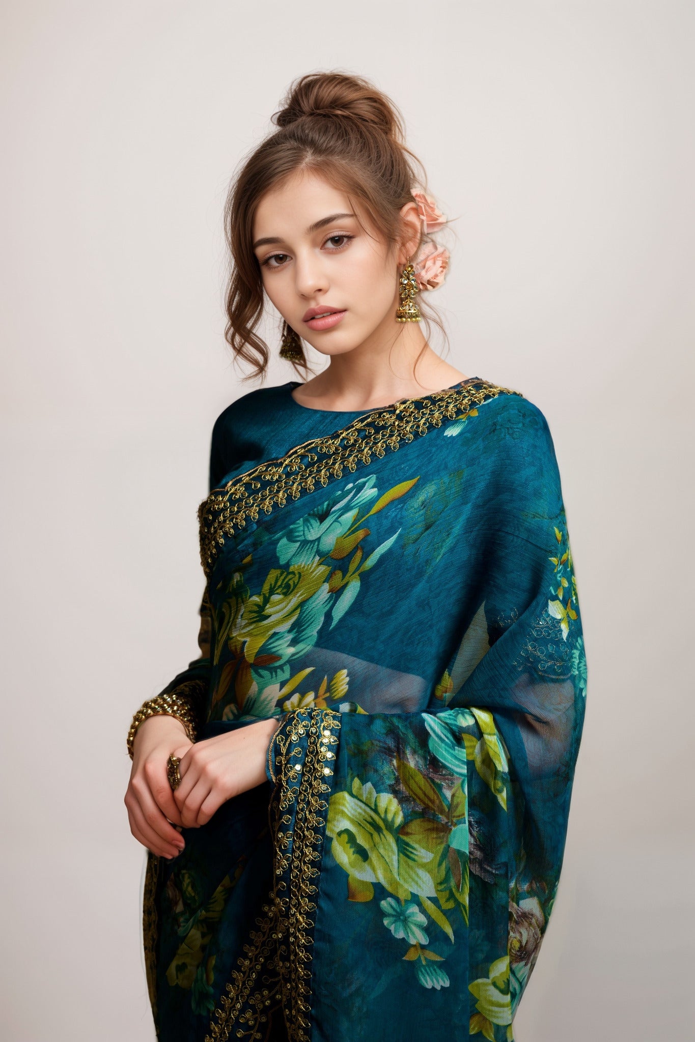 Petrol Georgette Floral Printed With Embroidered Border Saree