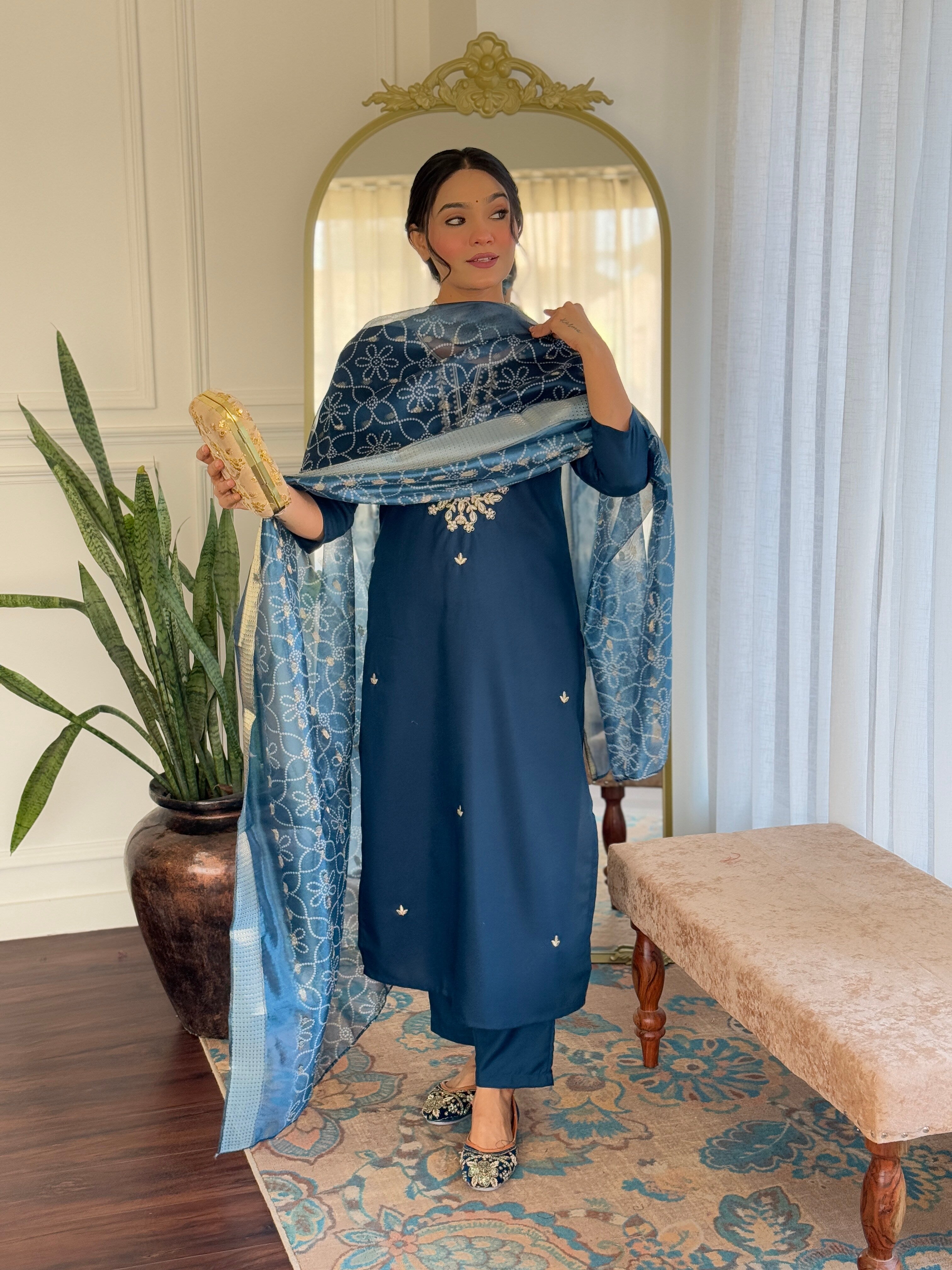 Petrol Rayon Elegant Kurta Pant Set With Embroidery Work