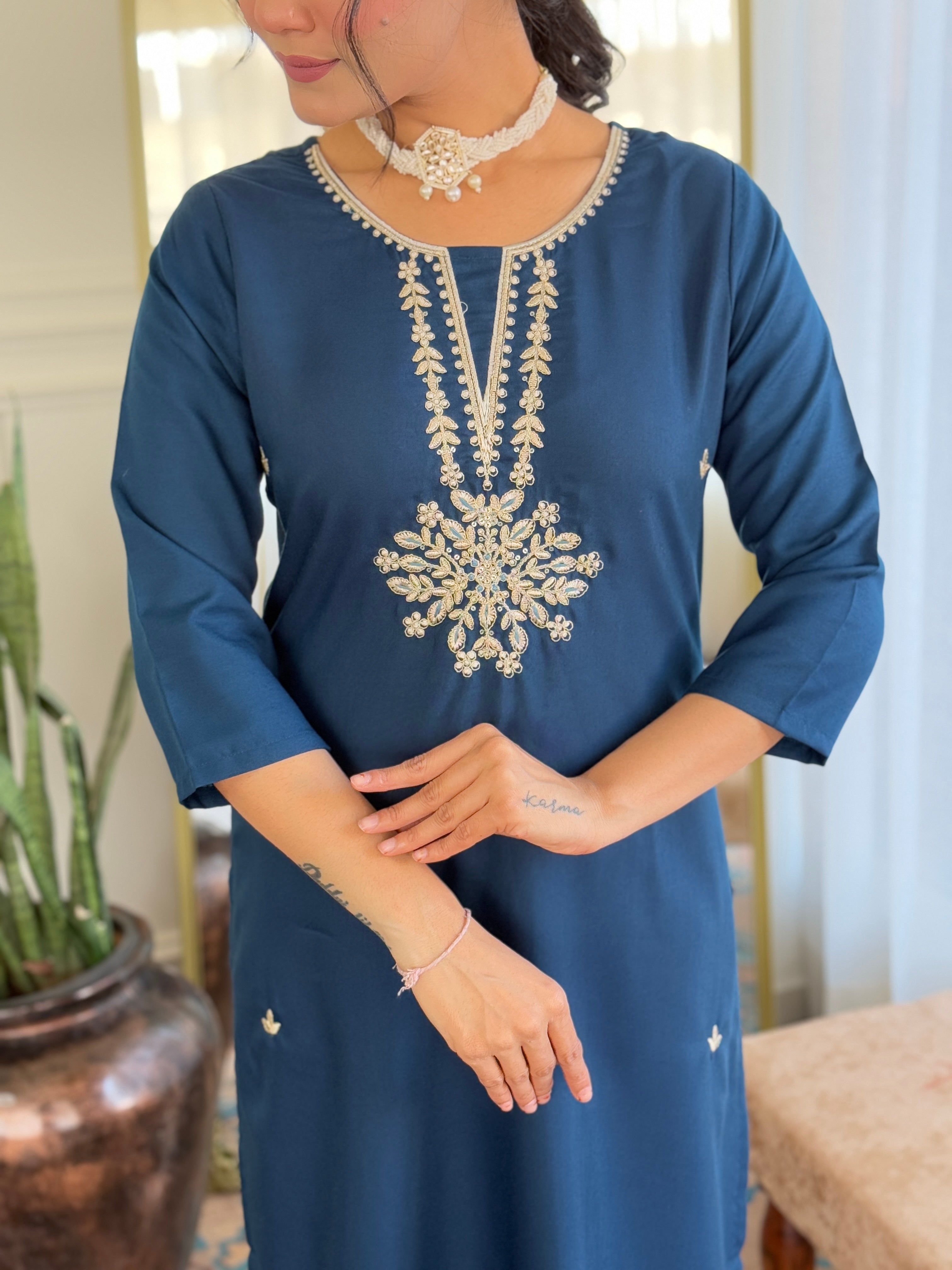 Petrol Rayon Elegant Kurta Pant Set With Embroidery Work