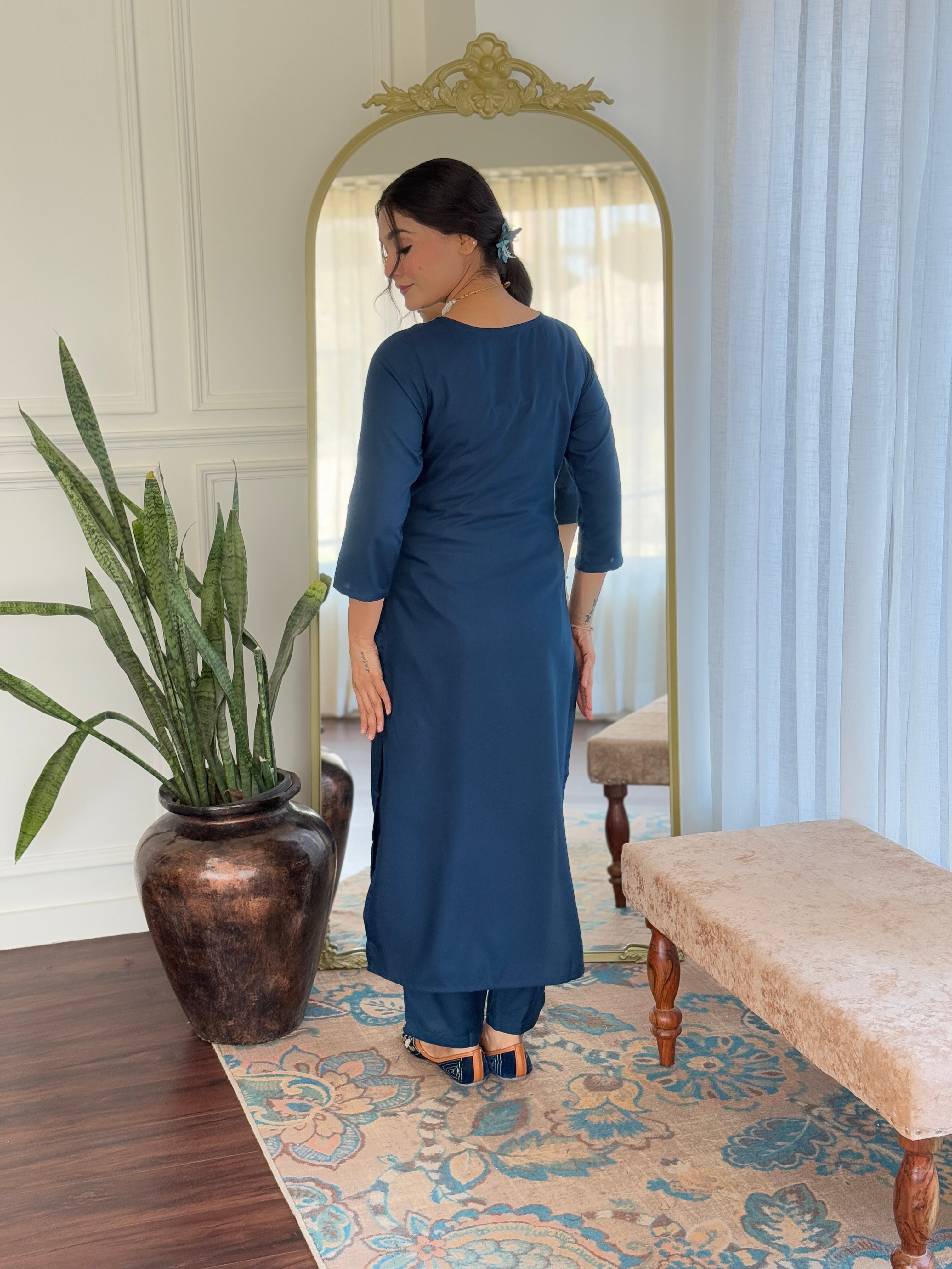 Petrol Rayon Elegant Kurta Pant Set With Embroidery Work