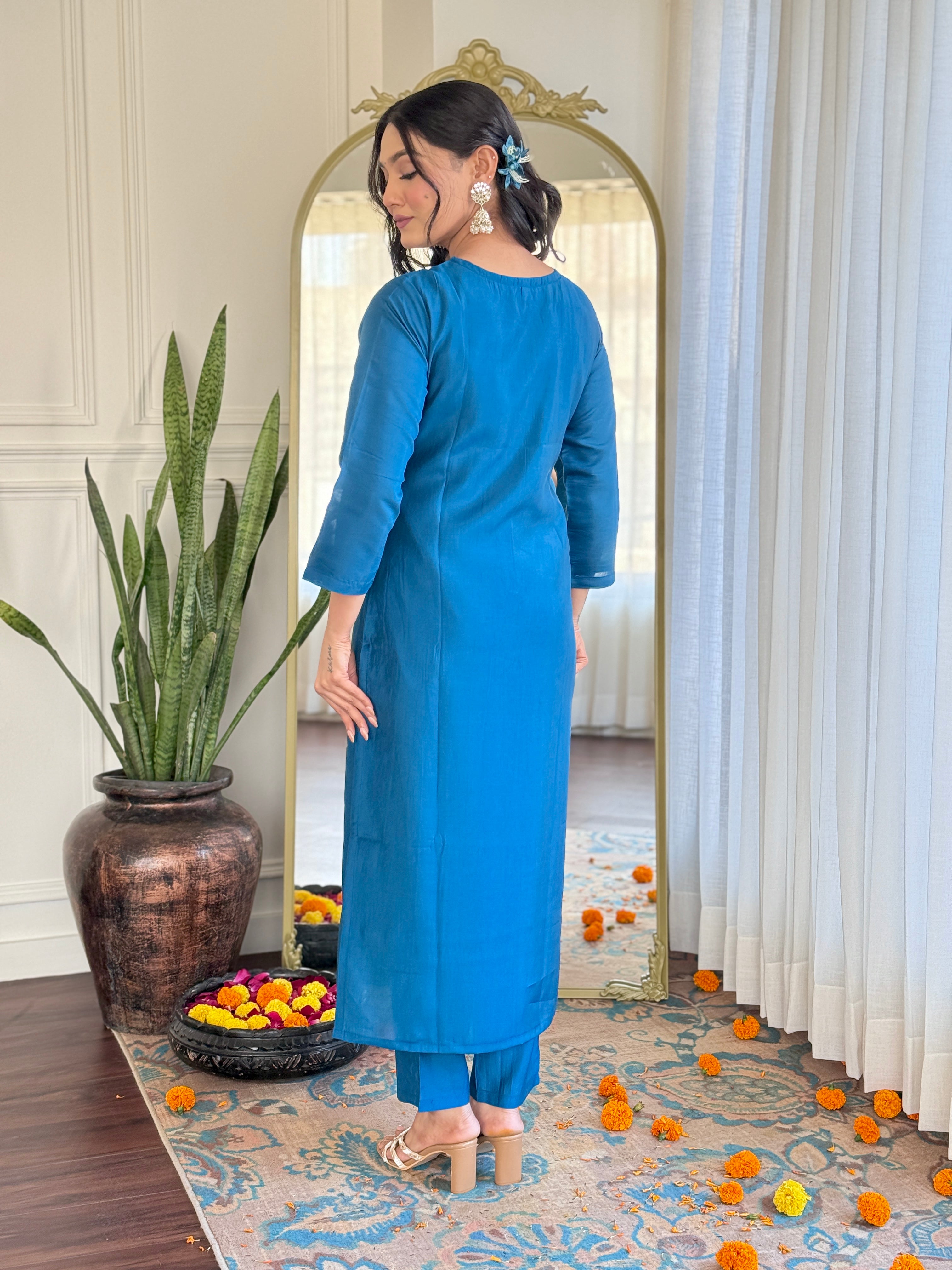 Petrol Roman Silk Elegant Kurta Pant Set With Embroidery Work