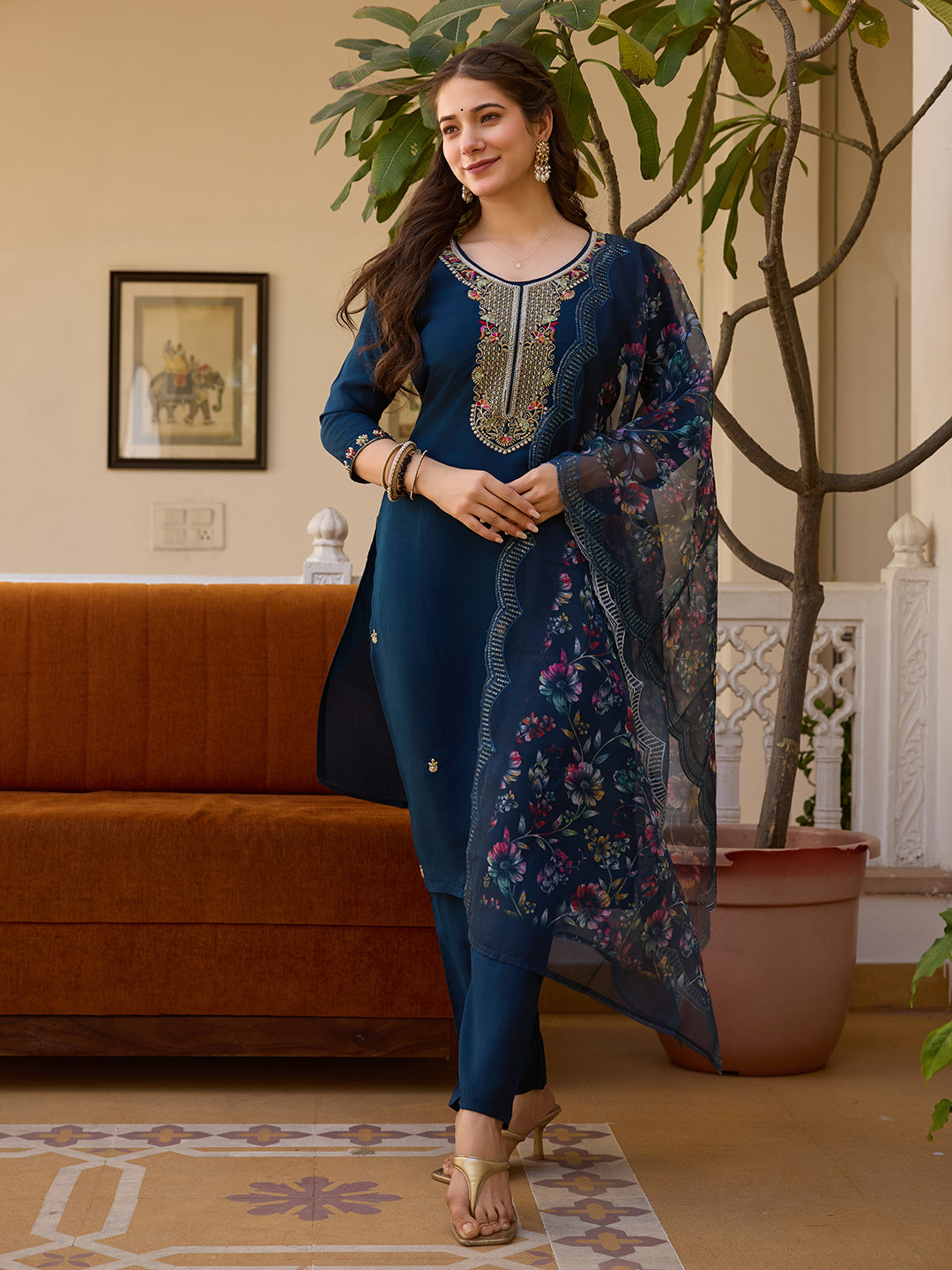 Petrol Viscose Chanderi Elegant Kurta Pant Set With Embroidery Work