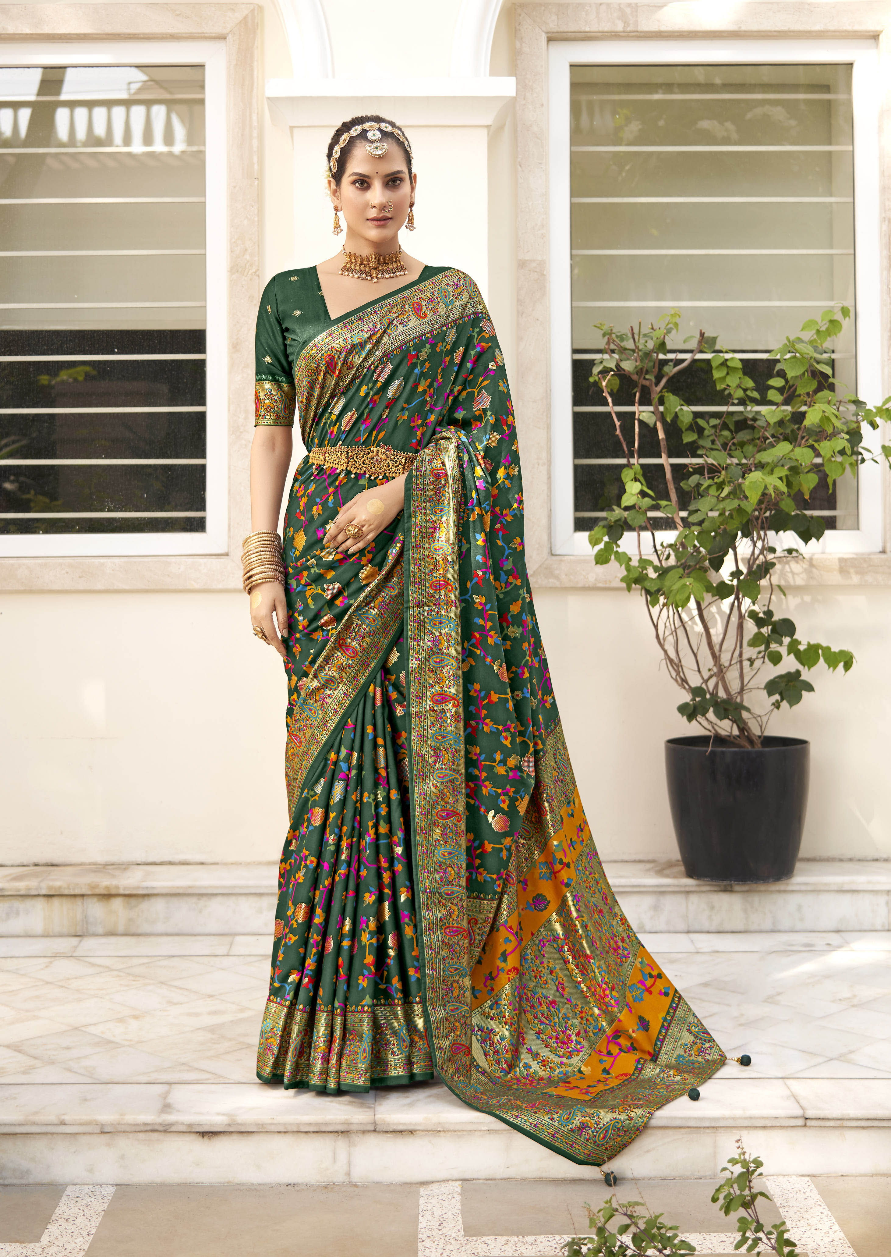 Pine Green Velvet Tussar Silk Woven Designer With Floral Printed Ethnic Wedding Wear Saree