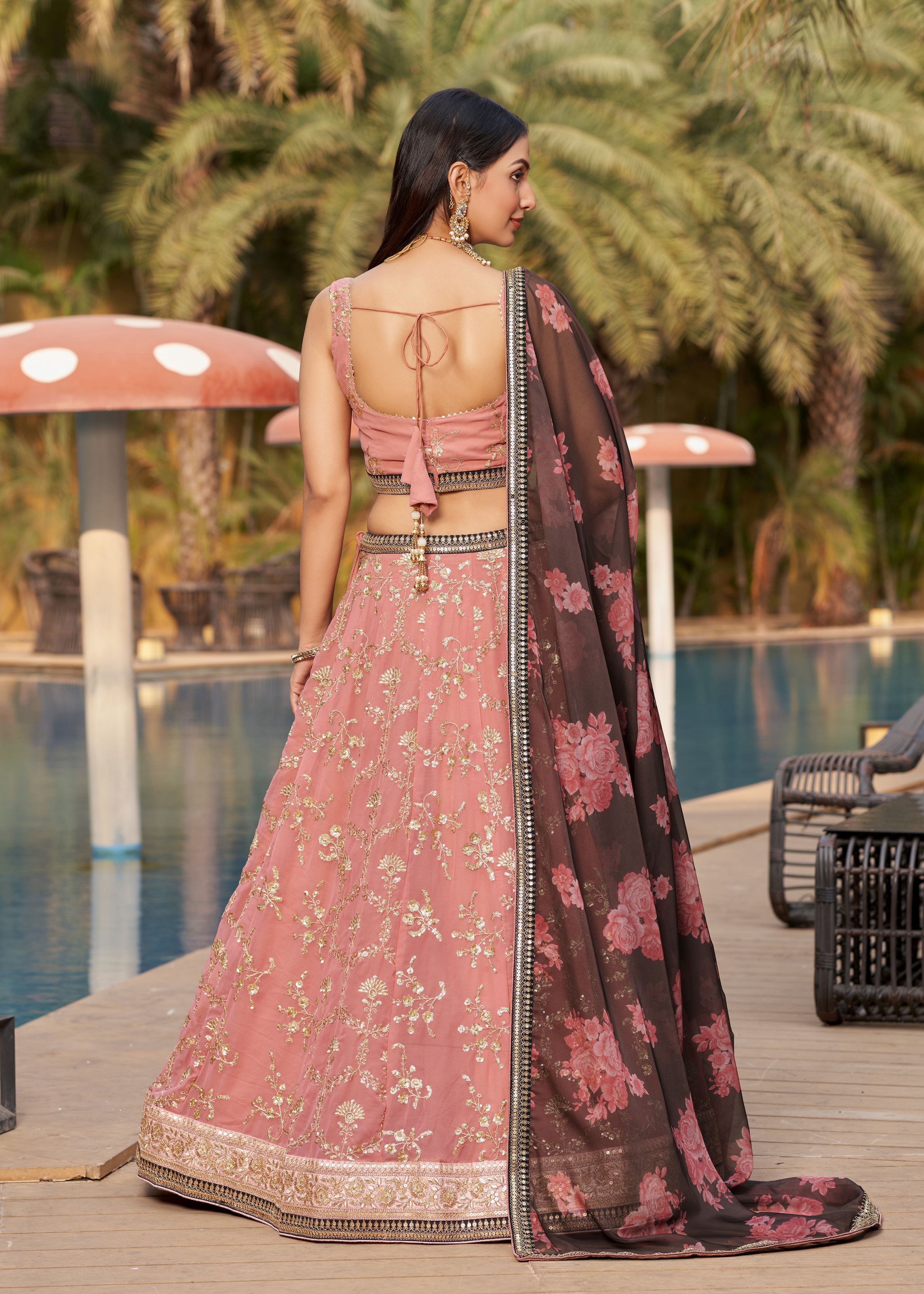 Pink-Brown Lehenga Choli With Sequins, Zari, Thread And Dori Work Embroidery With Digital Print