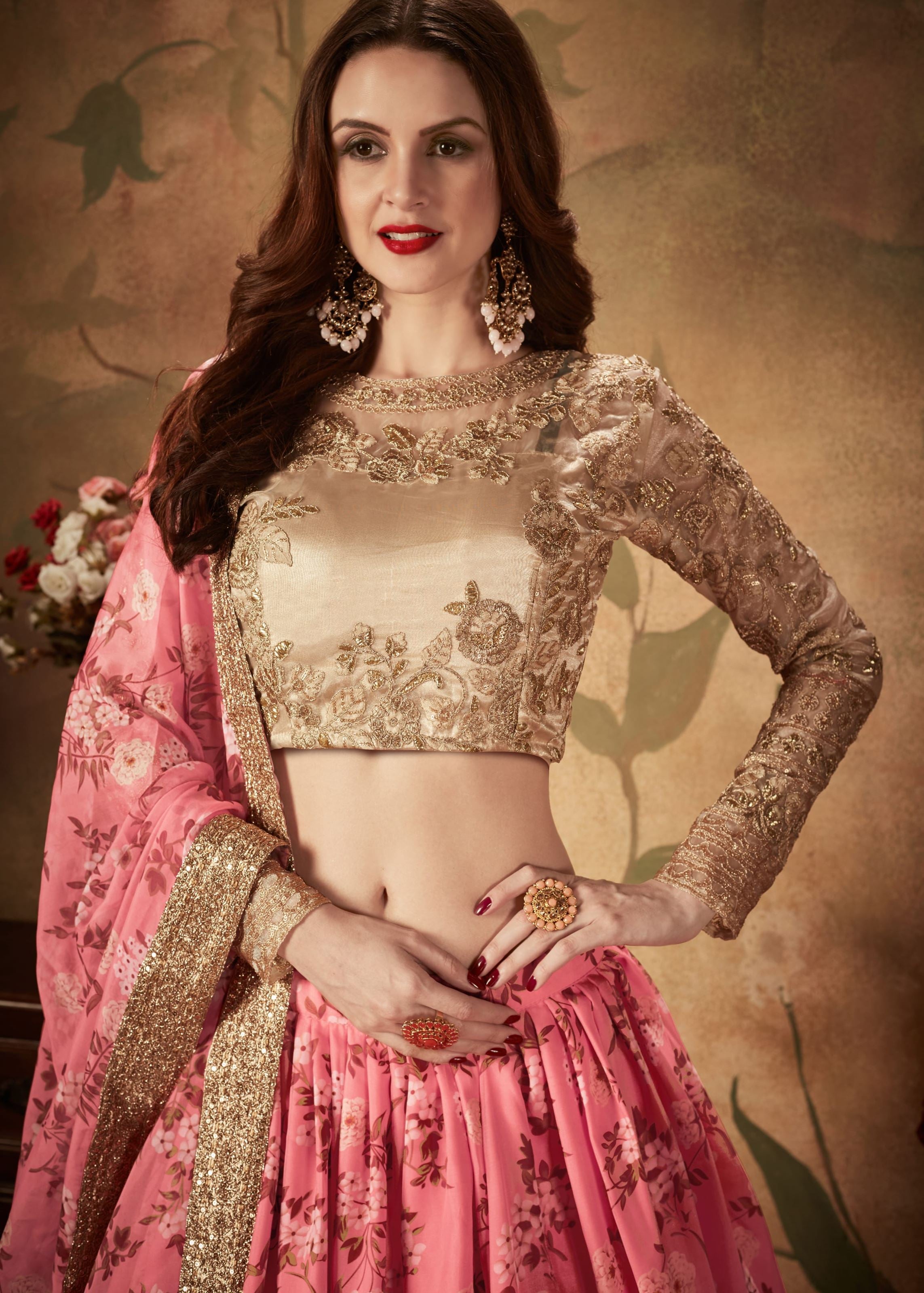 Pink And Beige Lehenga Choli With Digital Print & Dori, Zari And Sequins Embroidery Work