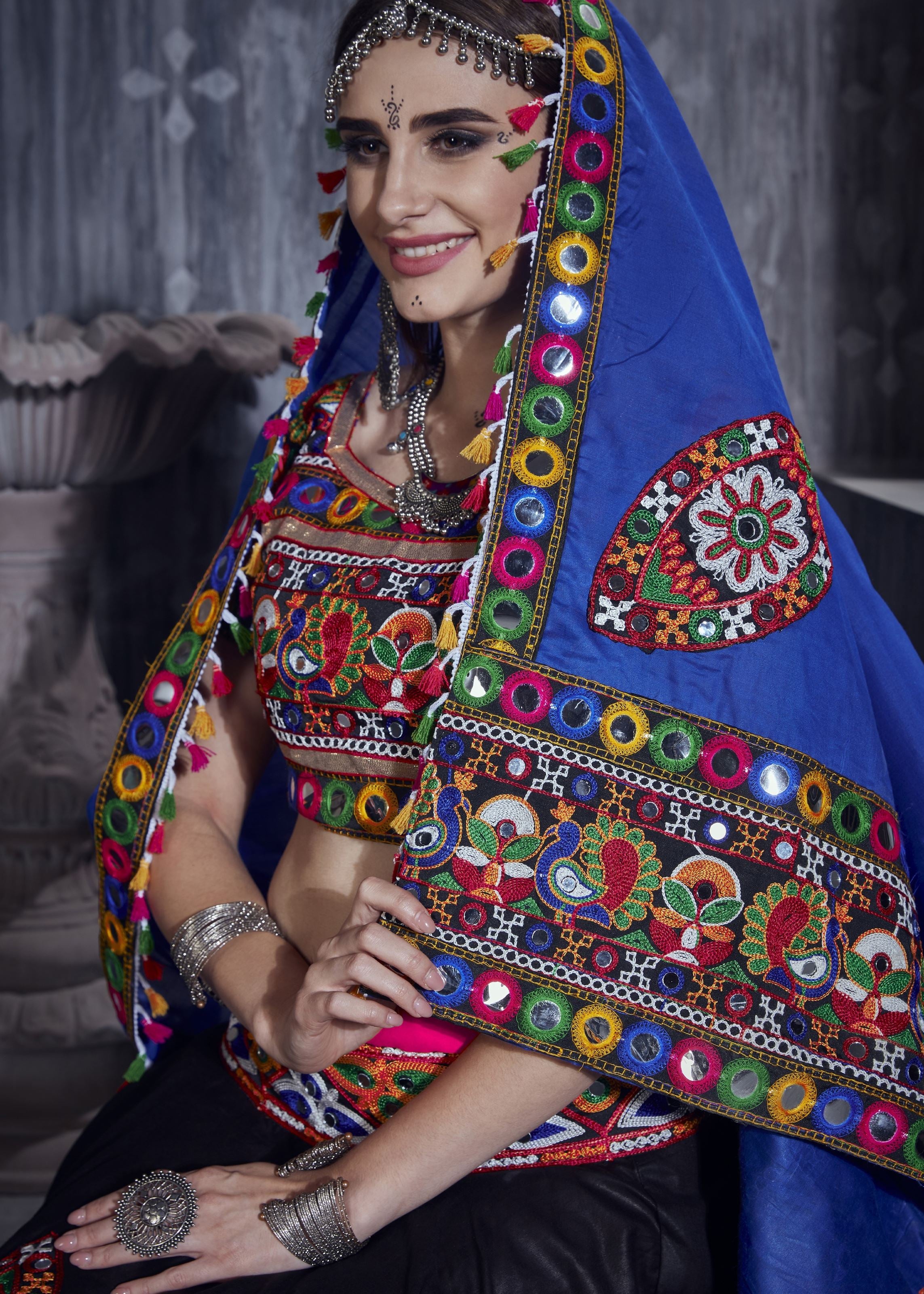 Pink And Black Navratri Chaniya Choli With Gamthi Work And Lace Work With Mirror