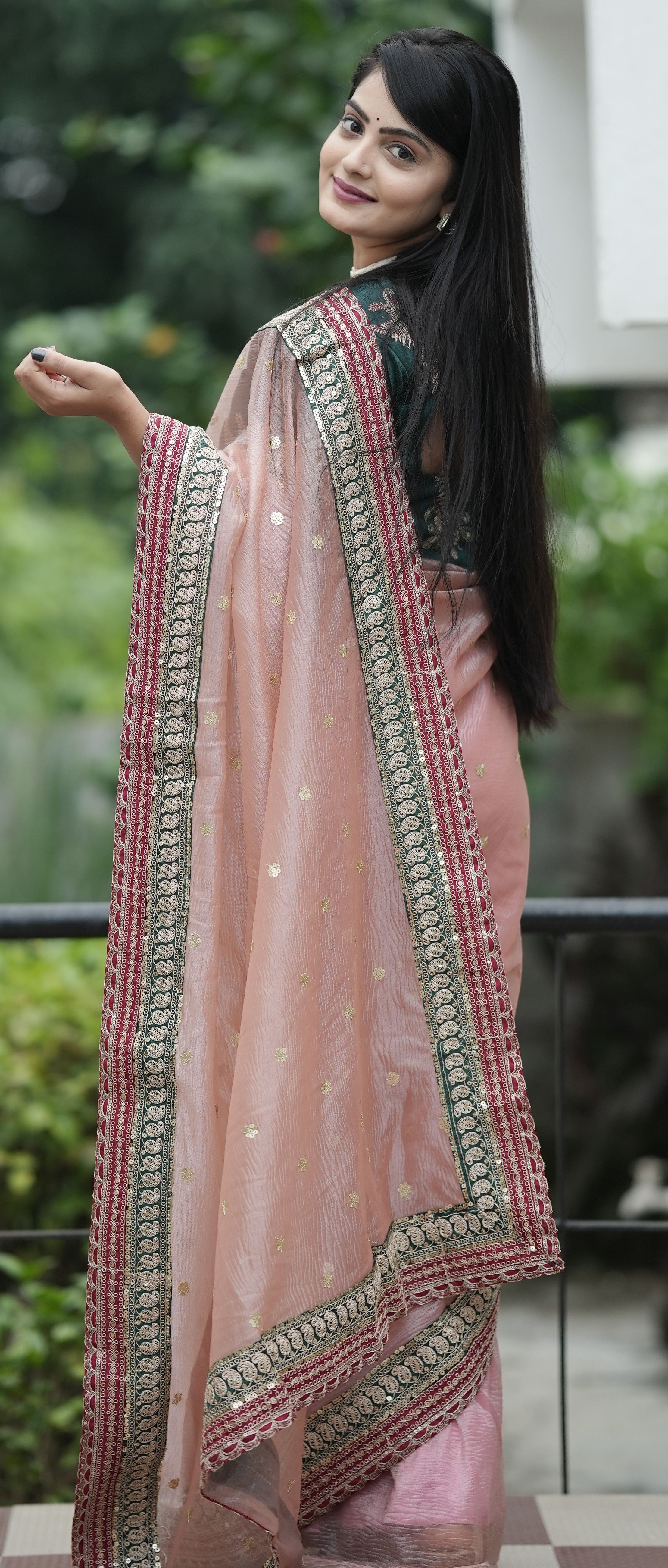 Pink Banarasi Crush Fabric Beautiful Sequins Embroidery Work Partywear Saree