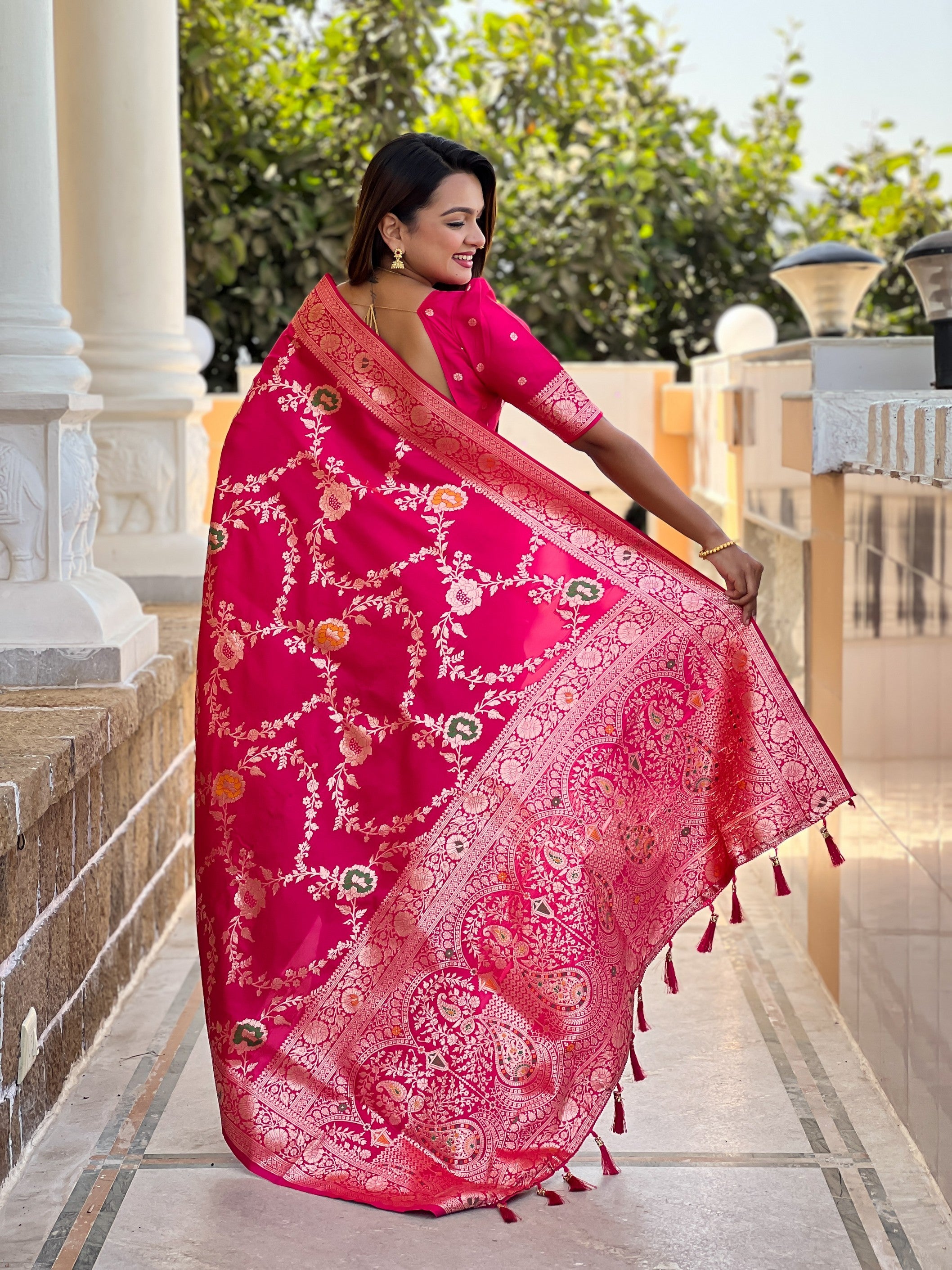 Pink Banarasi Silk Saree With Traditional Woven Meenakari Designer Traditional Looks