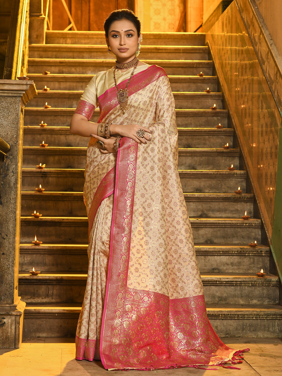 Pink Banarasi Silk Saree With Woven Jacquard Designer Ceremonial Saree