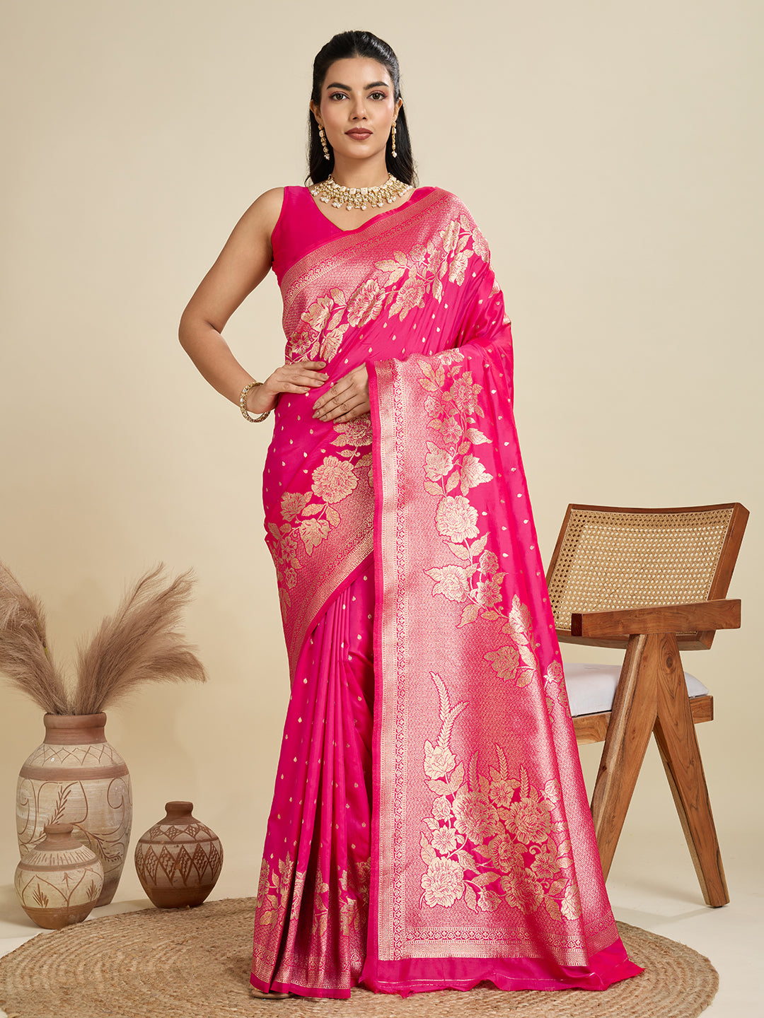 Pink Banarasi Silk Saree with Butti and Floral Border