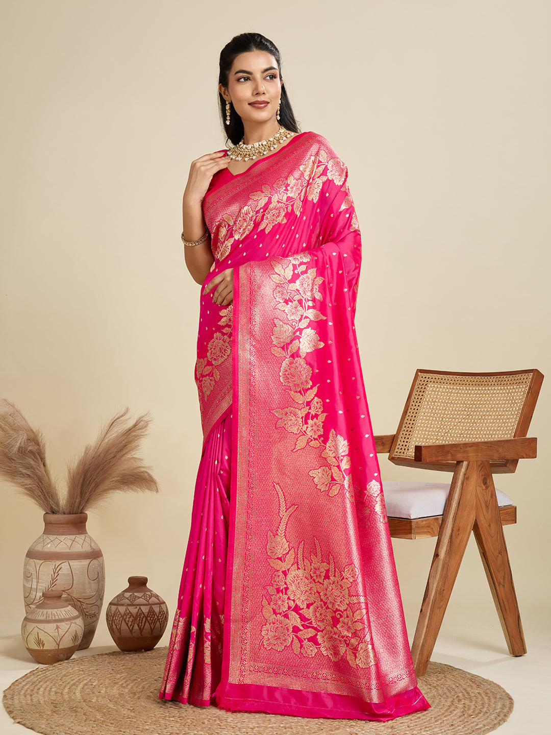 Pink Banarasi Silk Saree with Butti and Floral Border