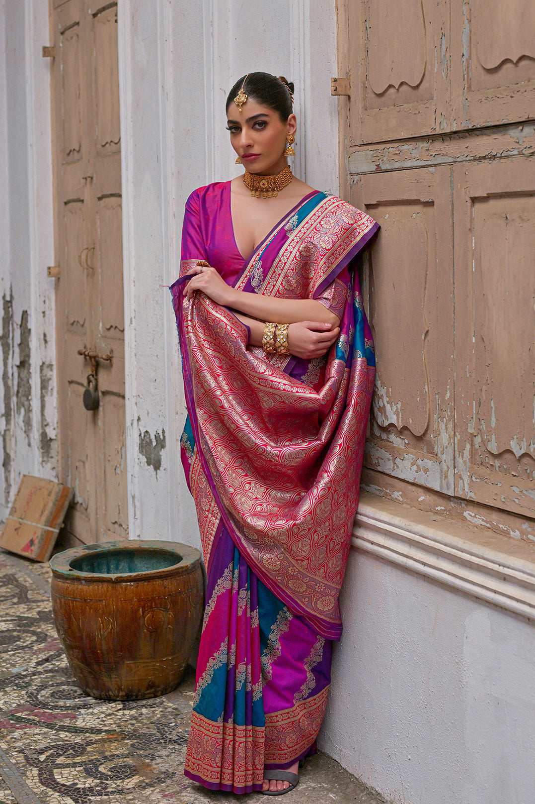 Pink Banarasi Silk Saree with Leriya Zari and Contrast Pallu