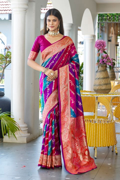 Pink Banarasi Silk Saree with Leriya Zari and Contrast Pallu