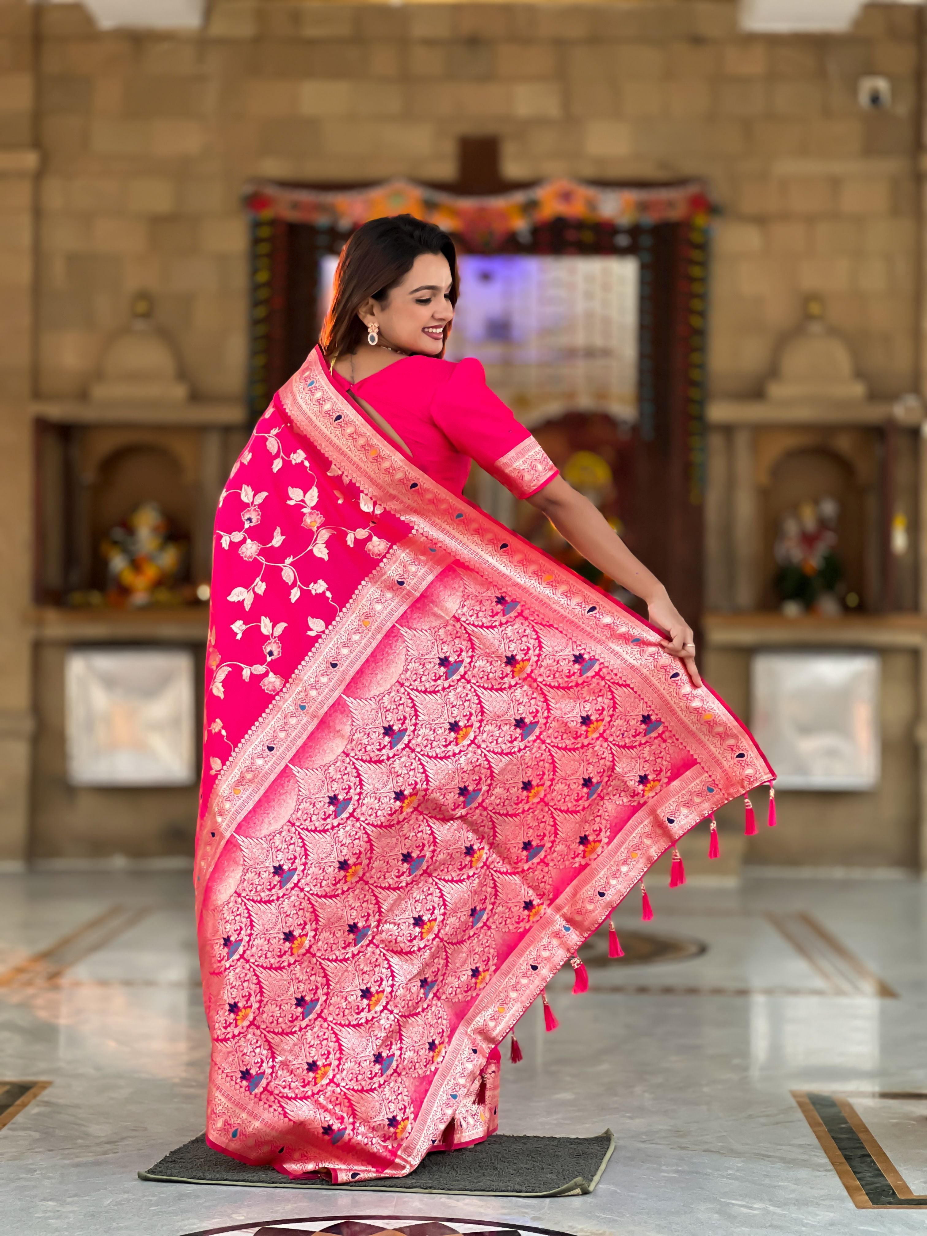 Pink Banarasi Silk Woven Jacquard Designer Ceremonial Partywear Saree