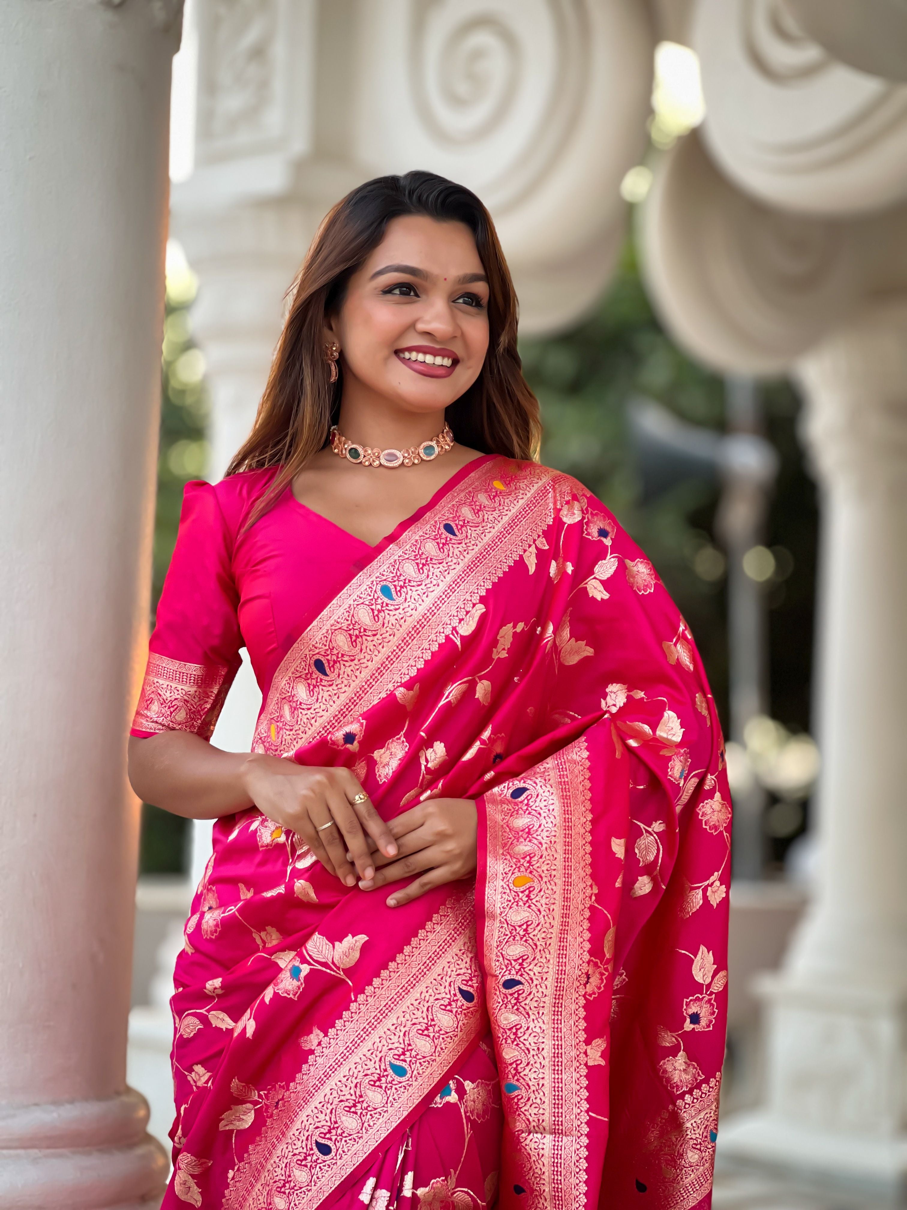 Pink Banarasi Silk Woven Jacquard Designer Ceremonial Partywear Saree