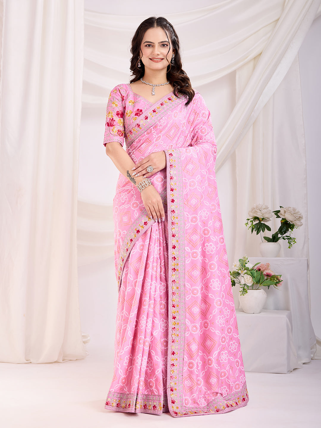Pink Bandhani Printed With Embroidery Work Beautiful Ceremonial Saree