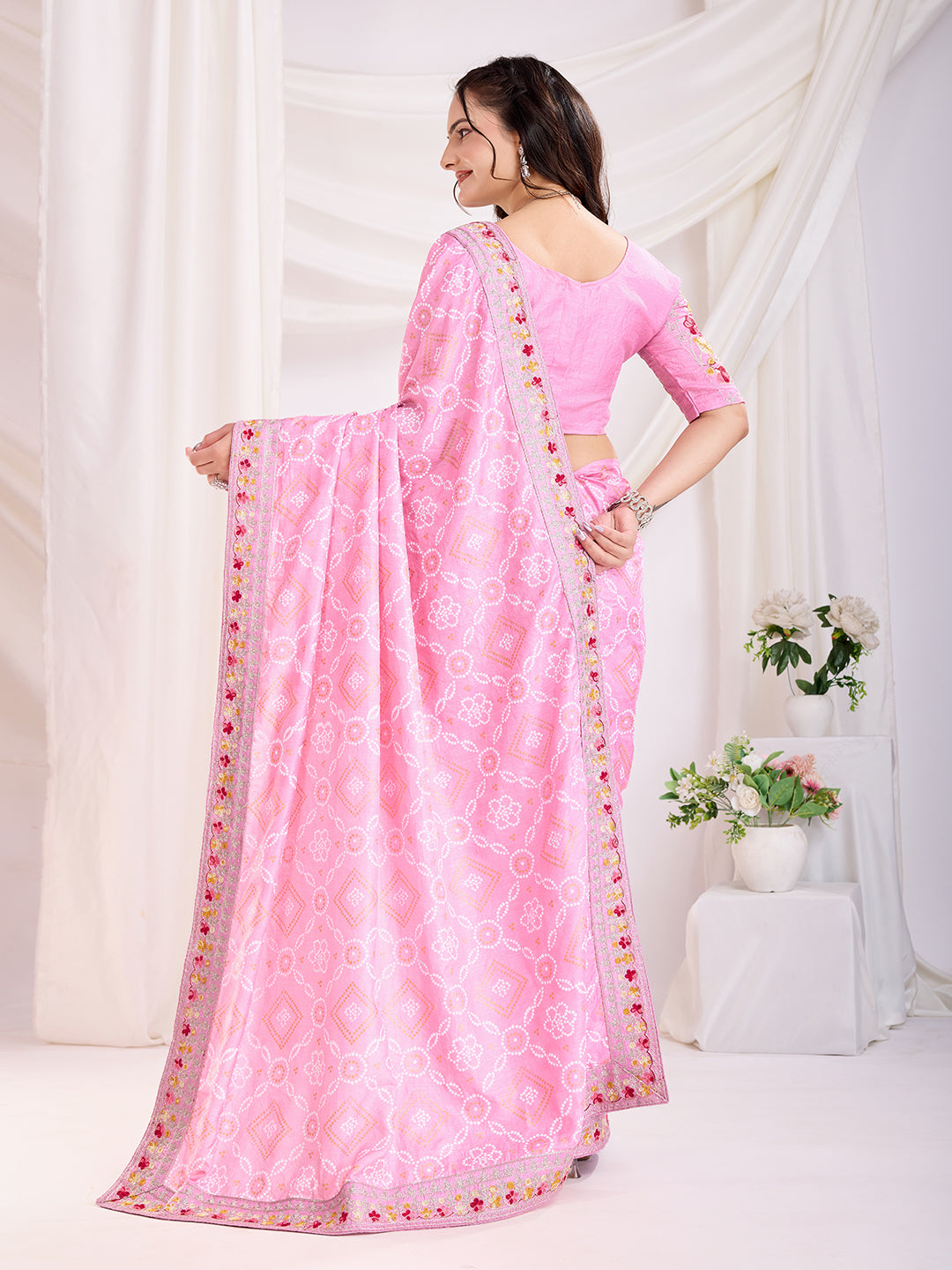 Pink Bandhani Printed With Embroidery Work Beautiful Ceremonial Saree