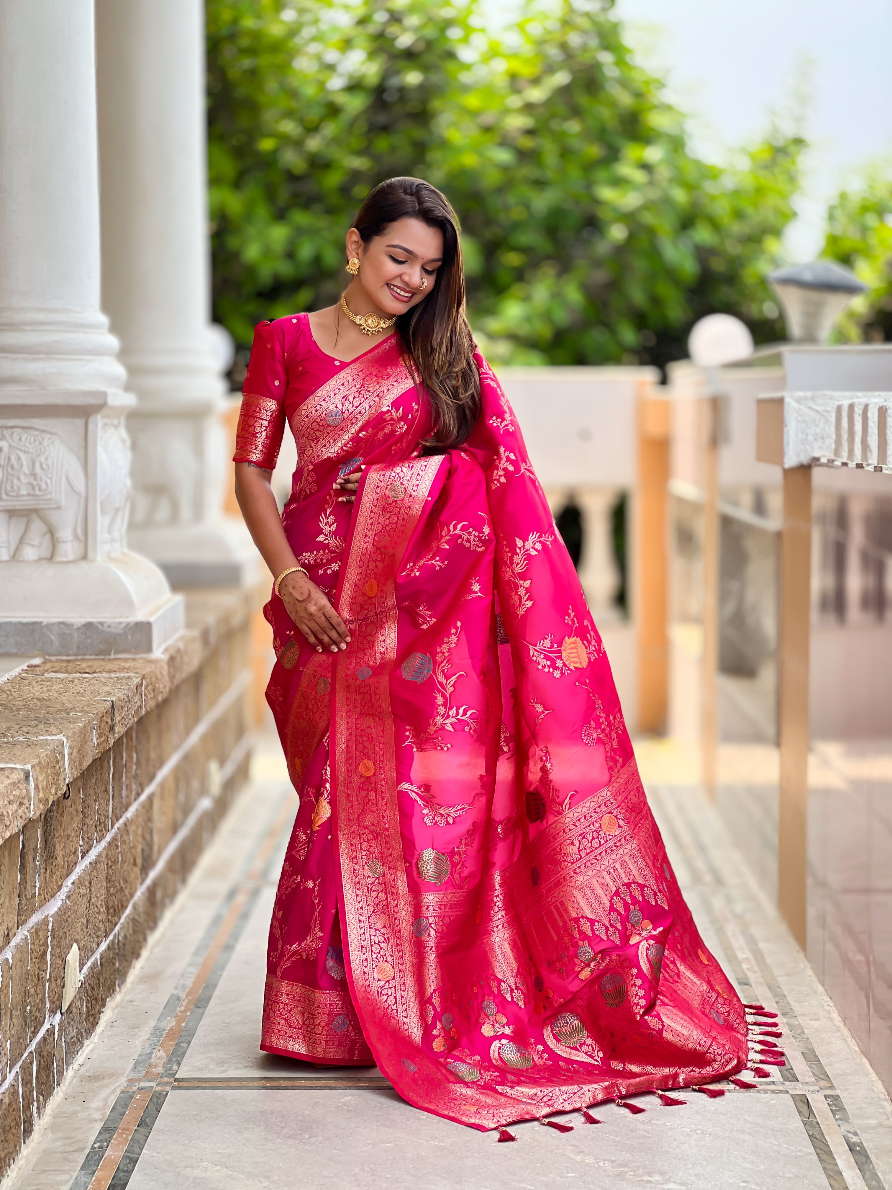 Pink Beautiful Banarasi Silk Woven Meenakari Designer Graceful Ethnic Saree