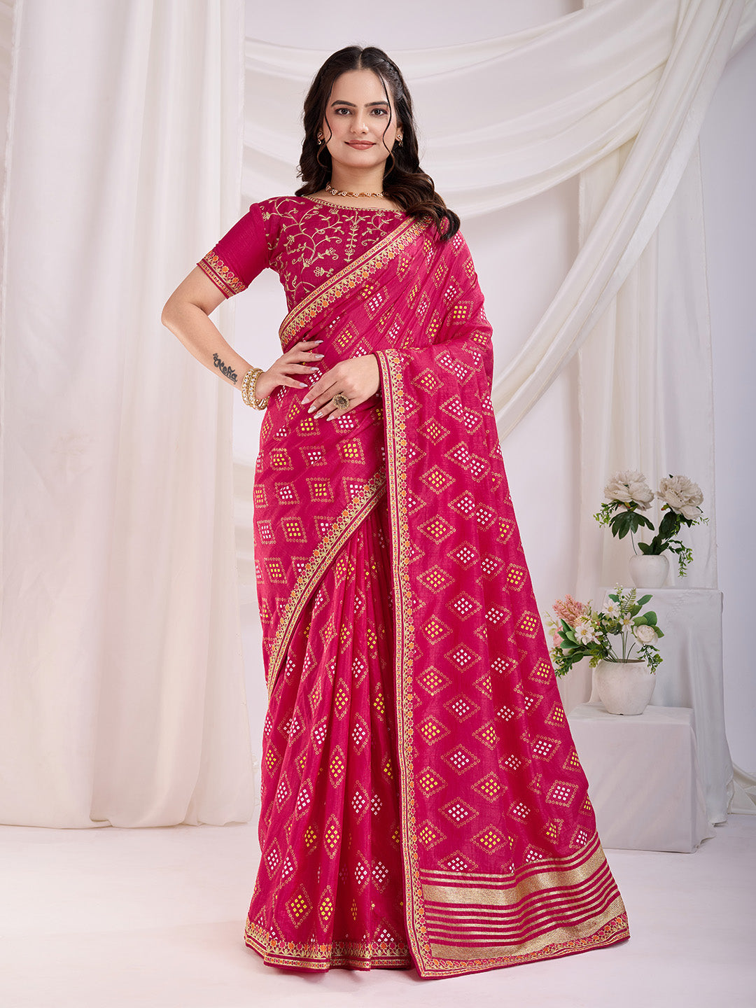 Pink Beautiful Bandhej Printed With Embroidery Work Vichitra Silk Saree