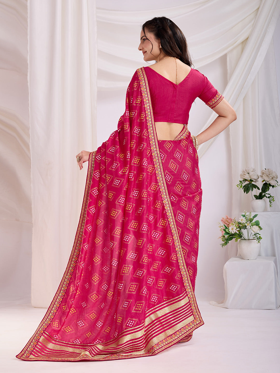 Pink Beautiful Bandhej Printed With Embroidery Work Vichitra Silk Saree