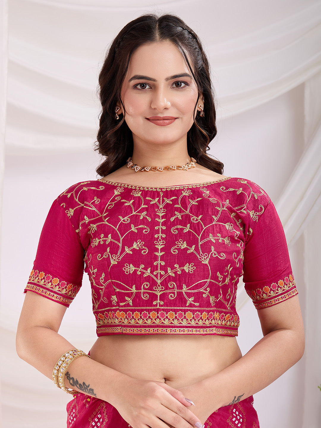 Pink Beautiful Bandhej Printed With Embroidery Work Vichitra Silk Saree