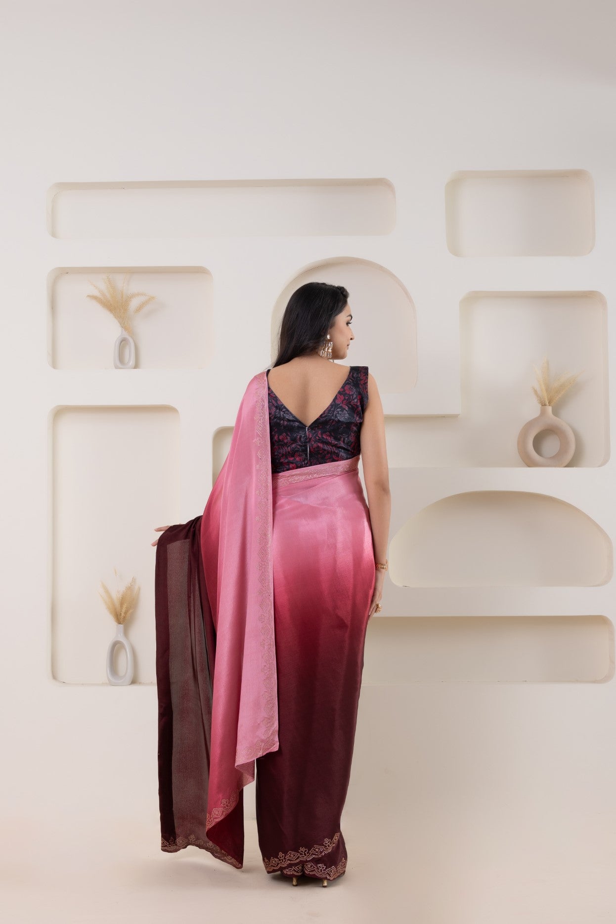 Pink Beautiful Bollywood Style Satin Fabic Ready To Wear Saree