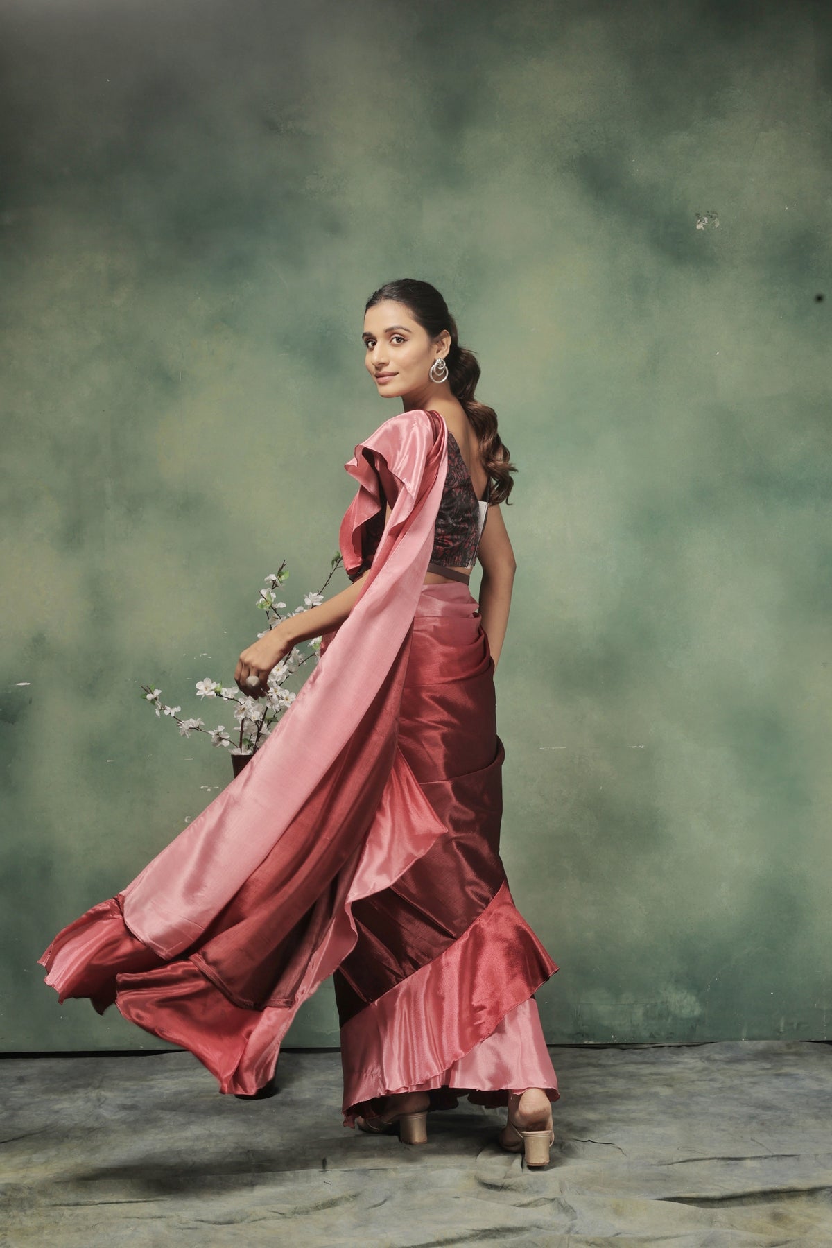 Pink Beautiful Bollywood Style Satin Partywear Saree