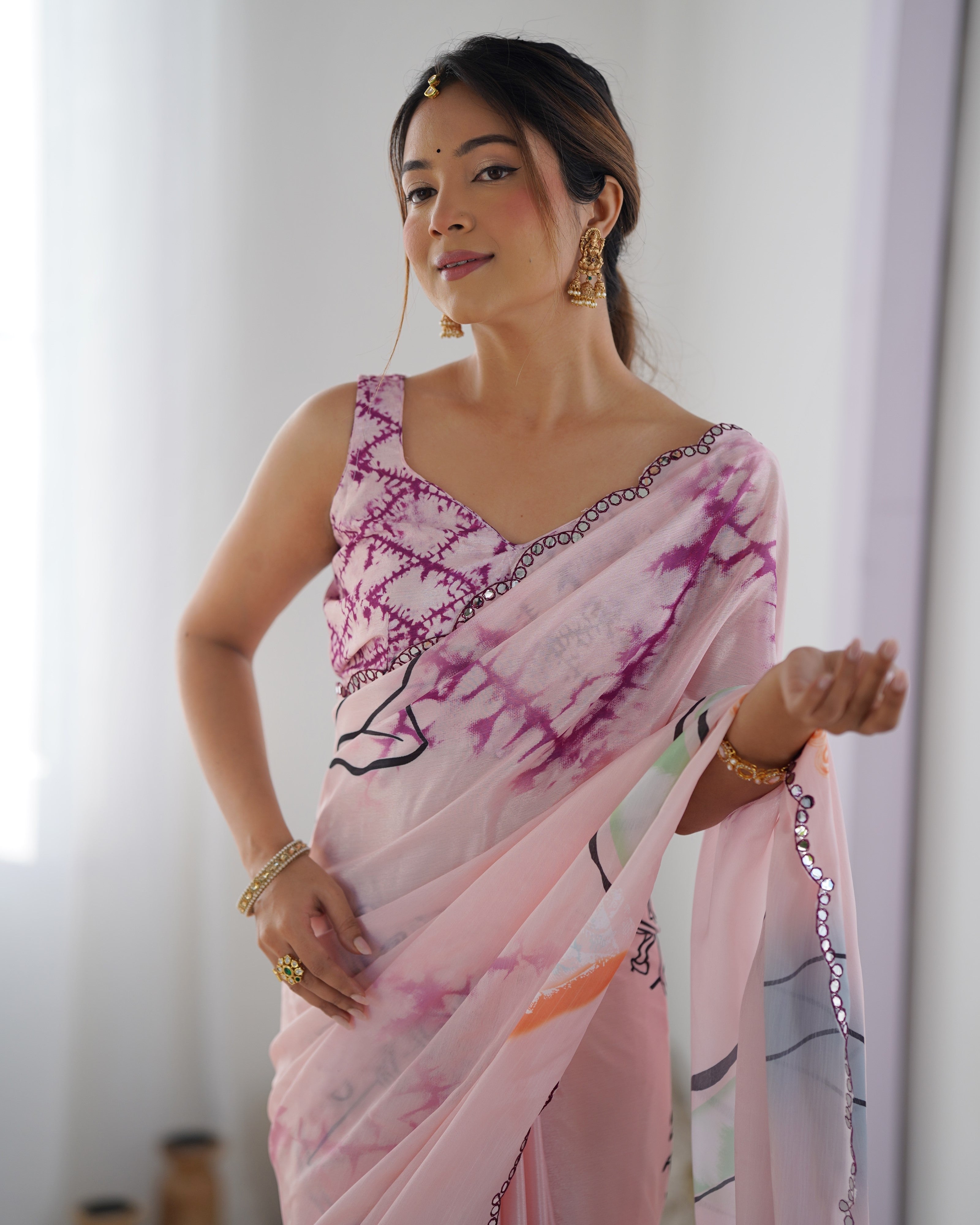 Pink Beautiful Chinon Fabric Digital Printed Saree With Mirror Cut Work