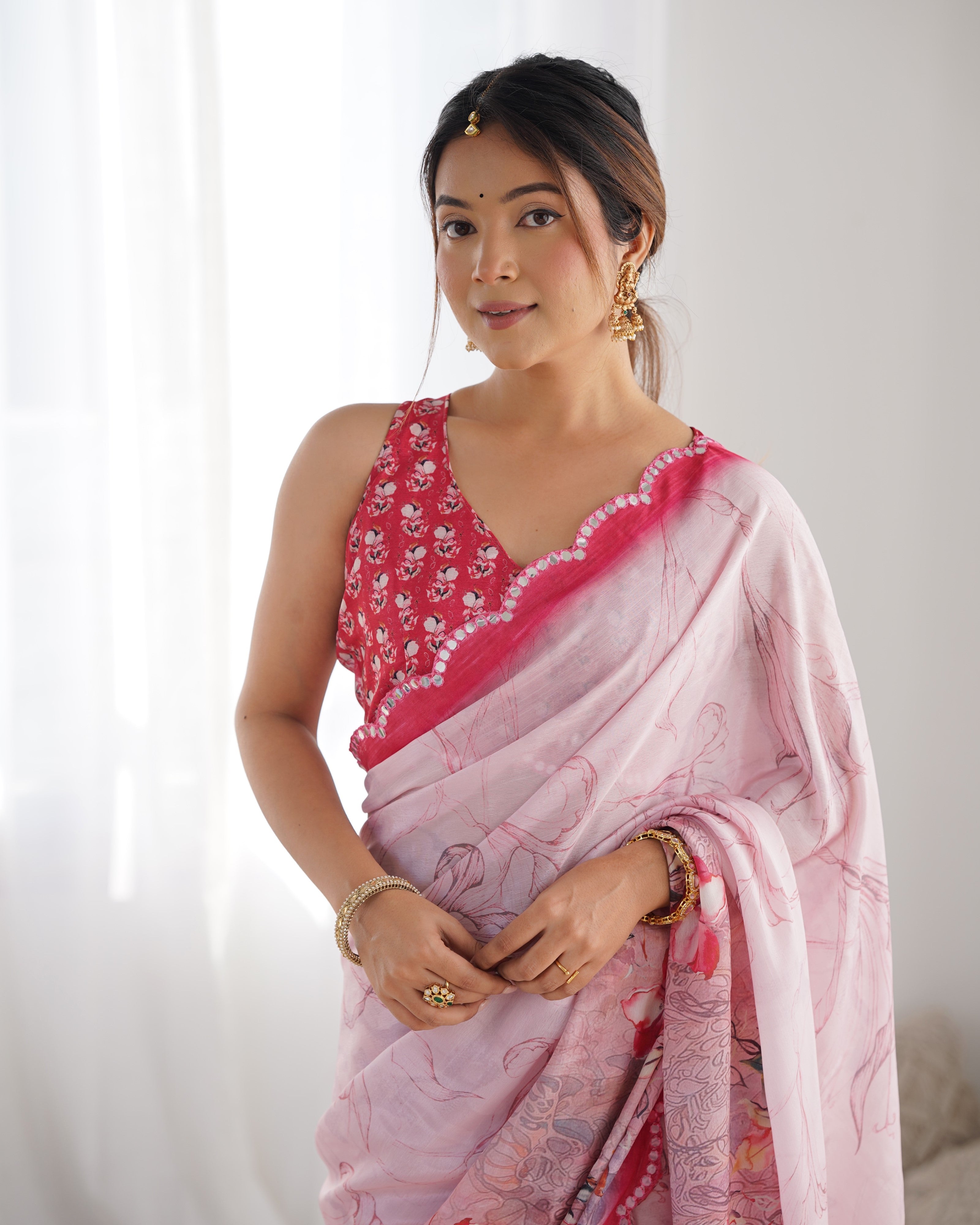 Pink Beautiful Chinon Fabric Digital Printed Saree With Mirror Cut Work