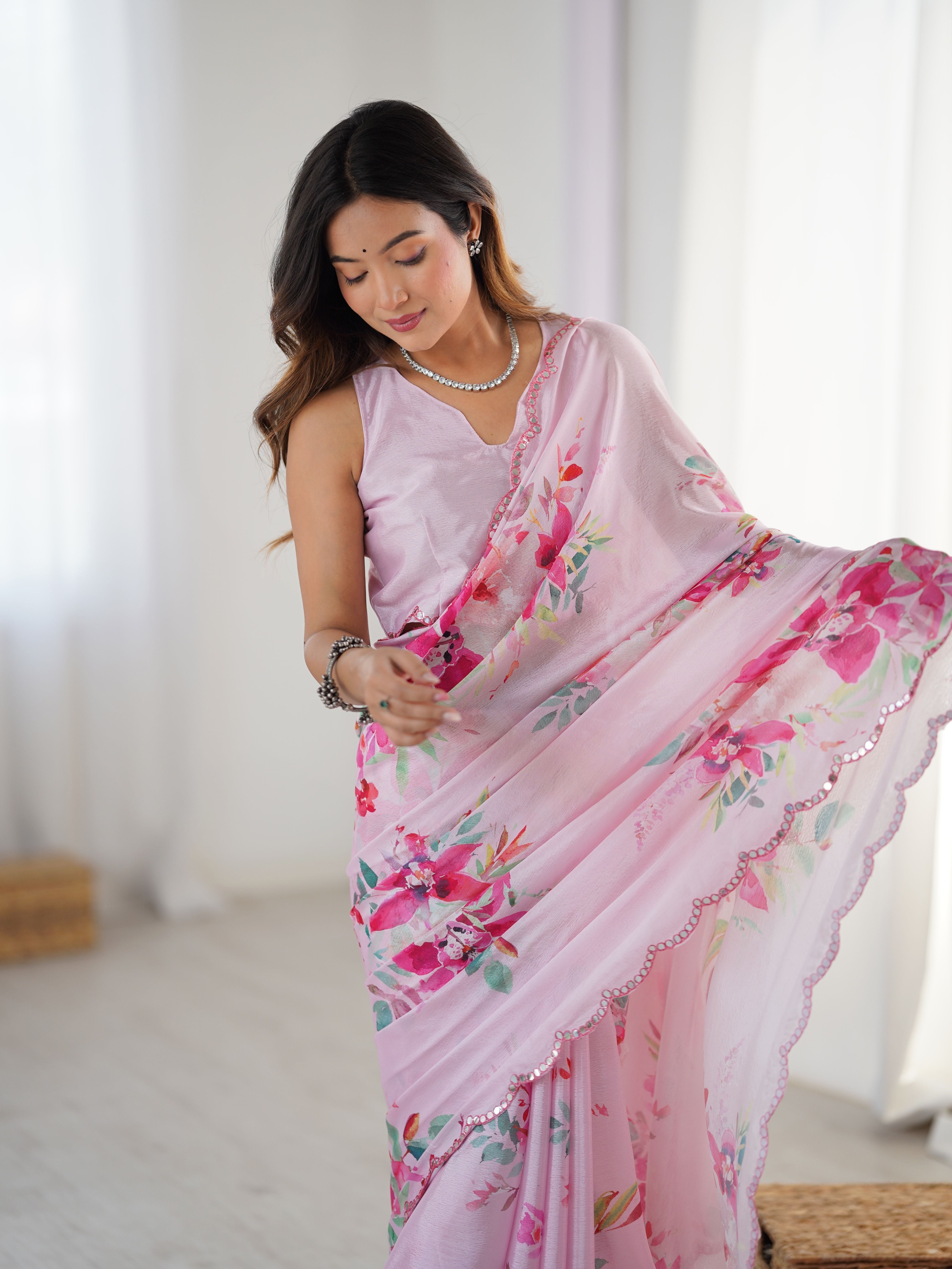 Pink Beautiful Chinon Smart Printed Festive Wear Ceremonial Saree