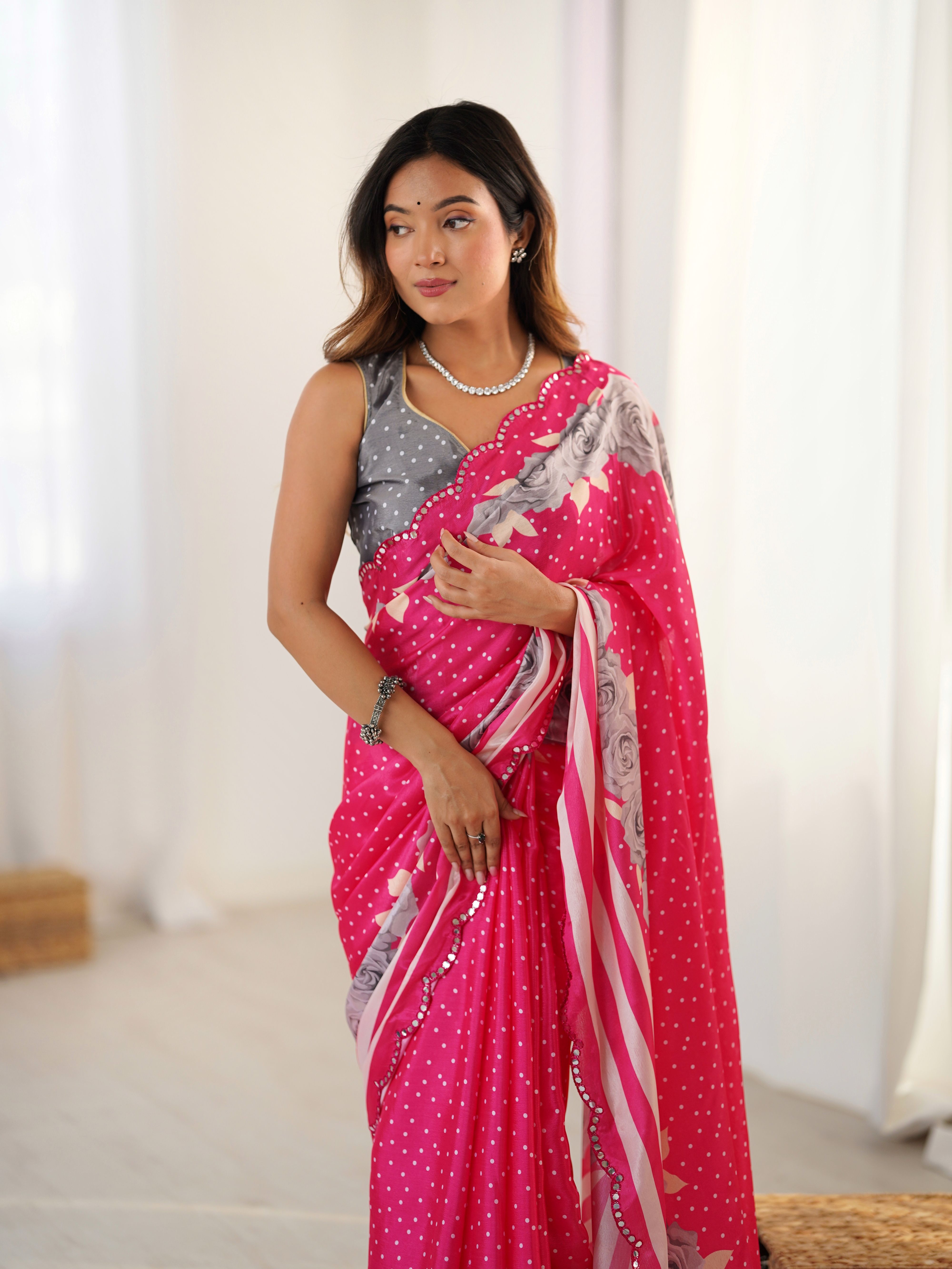 Pink Beautiful Chinon Smart Printed Festive Wear Ceremonial Saree